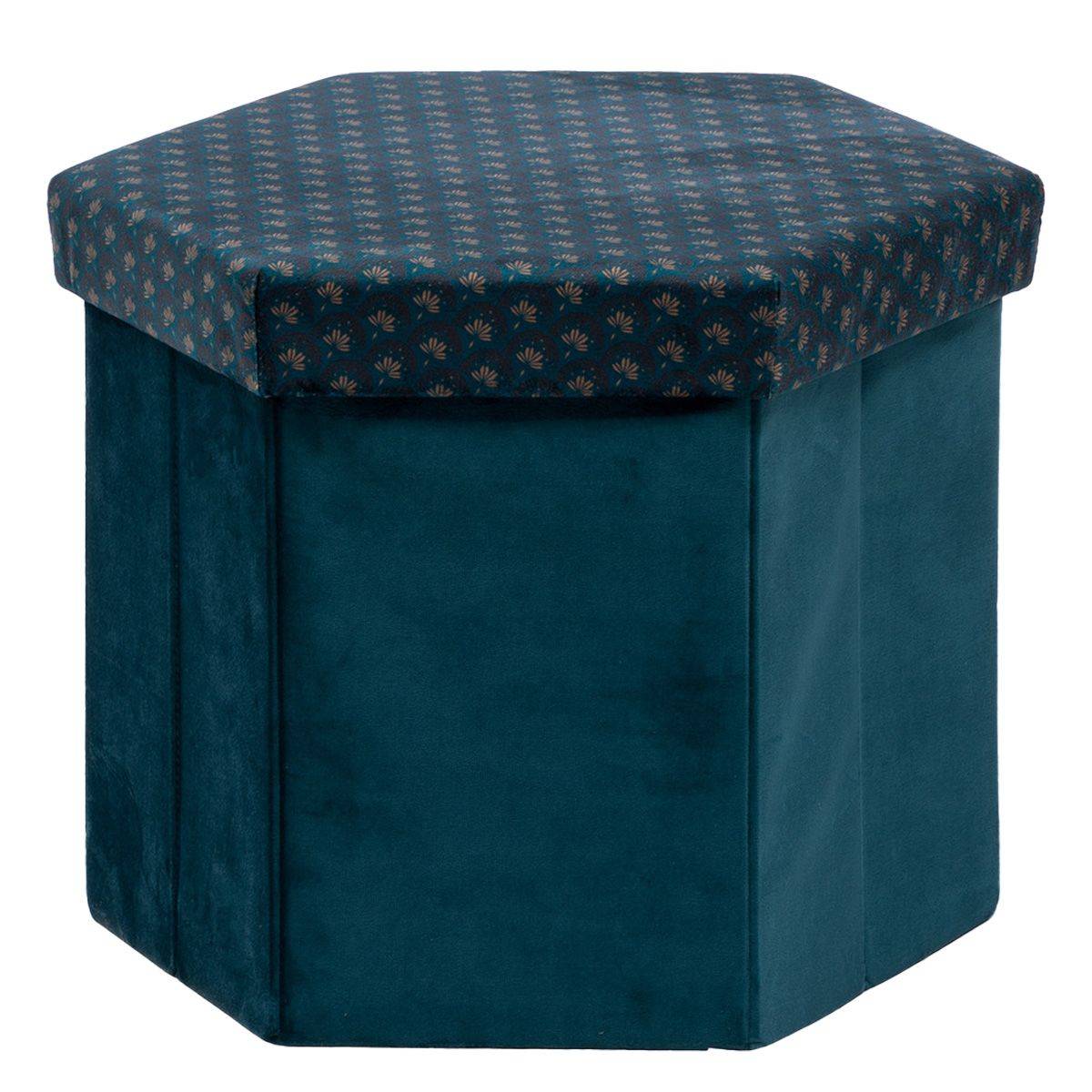 Pouf pliant et Coffre de rangement en velours Bleu avec motifs - Image 1