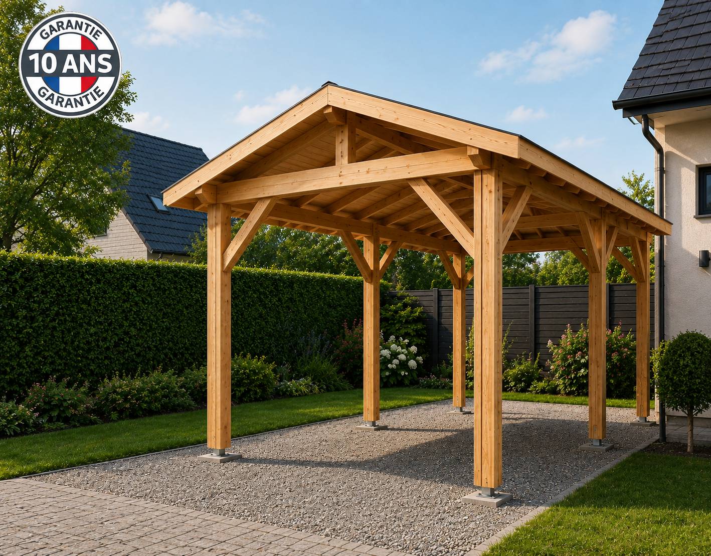 Cpbf Charpentes - Carport bois 2 pentes en bois douglas 21 m². Abri voiture extérieur. Garantie 10 ans. - Image 1