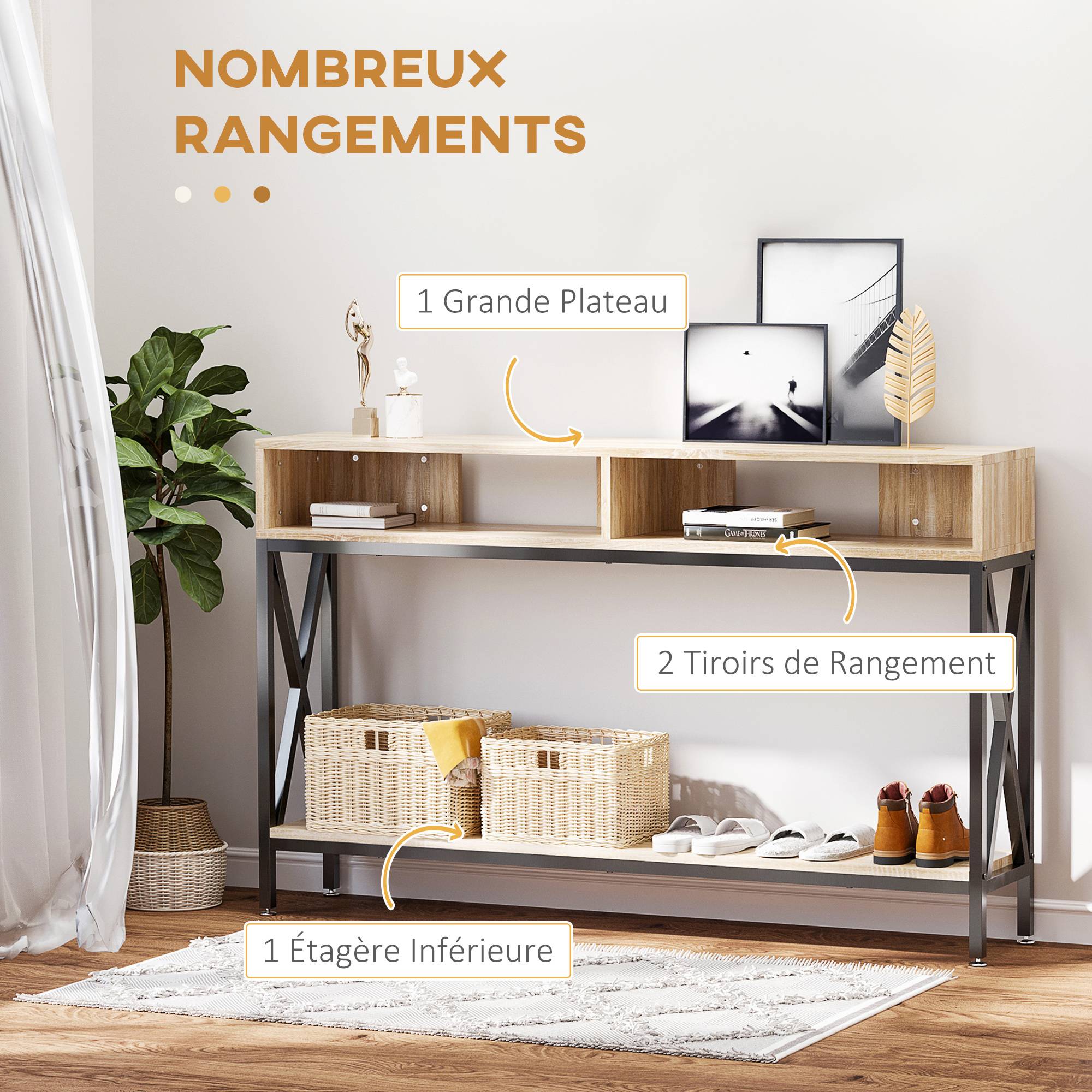 Table Console Table d'Entrée Industriel Multi-rangements 120 x 23,5 x 75 cm Bois Chêne - Image 6