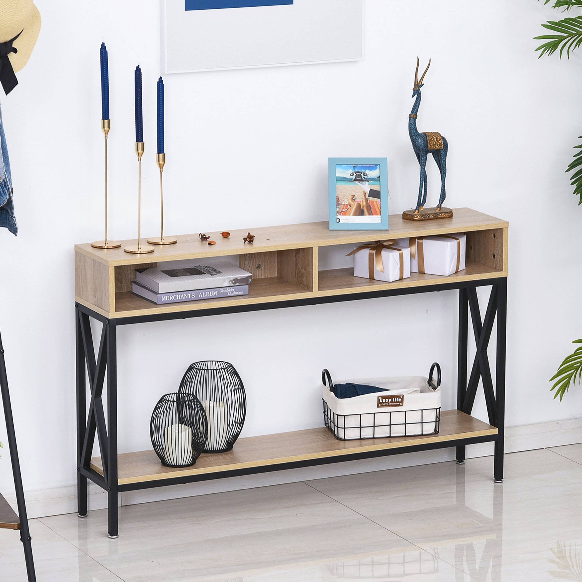 Table Console Table d'Entrée Industriel Multi-rangements 120 x 23,5 x 75 cm Bois Chêne - Image 4