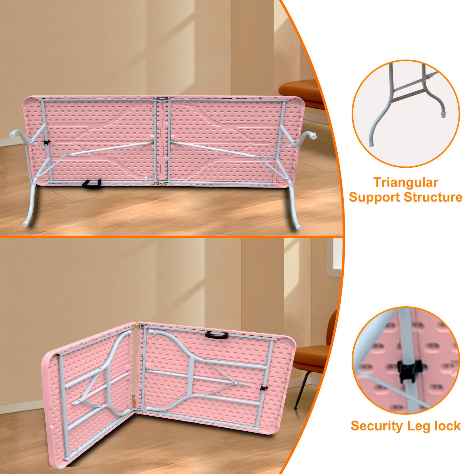 Table pliante robuste 243,9cm avec poignée, multifonction camping intérieur extérieur, charge 135kg rose - Image 3
