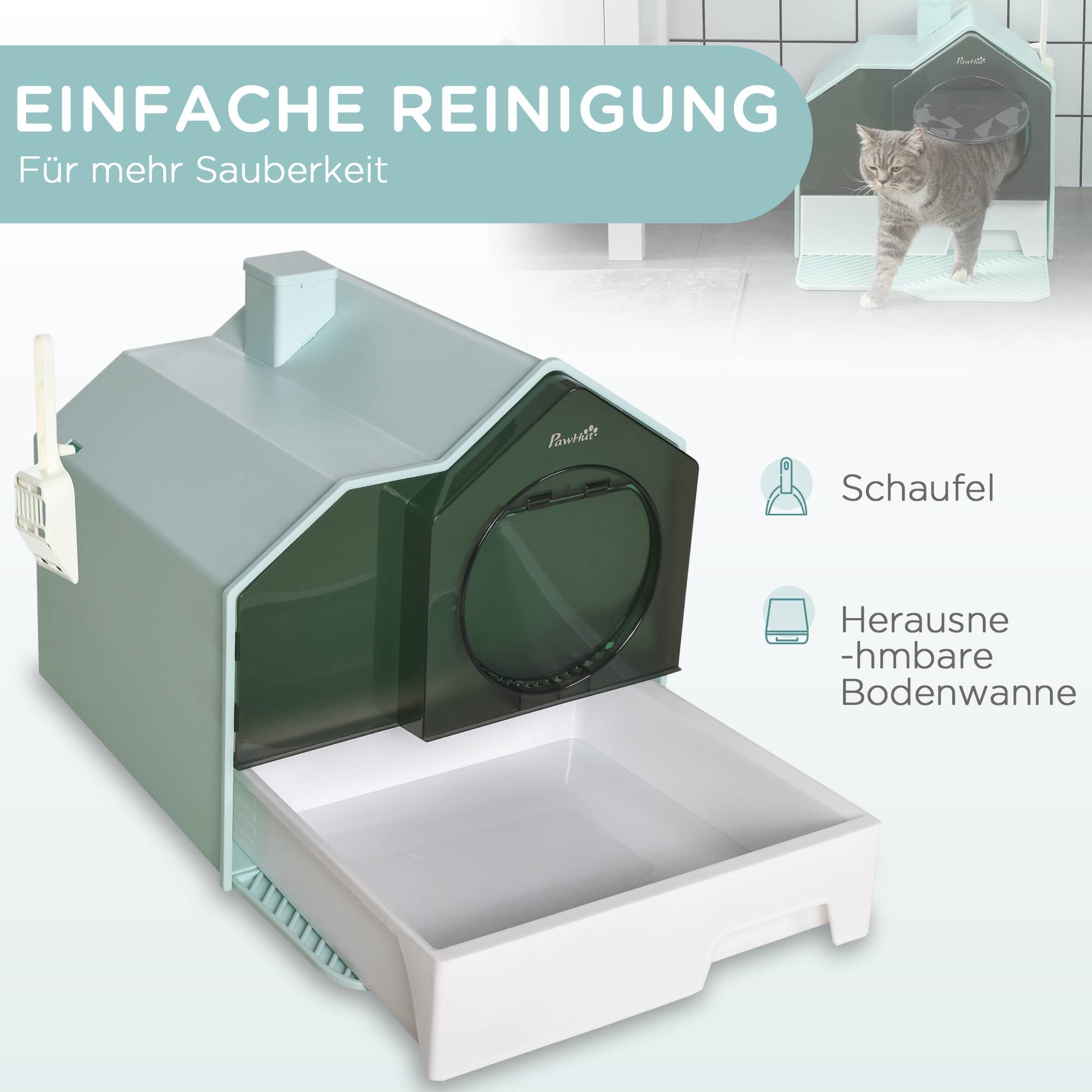 Bac à litière pour chat cabine design tapis filtrant pelle bac amovible vert blanc - Image 7
