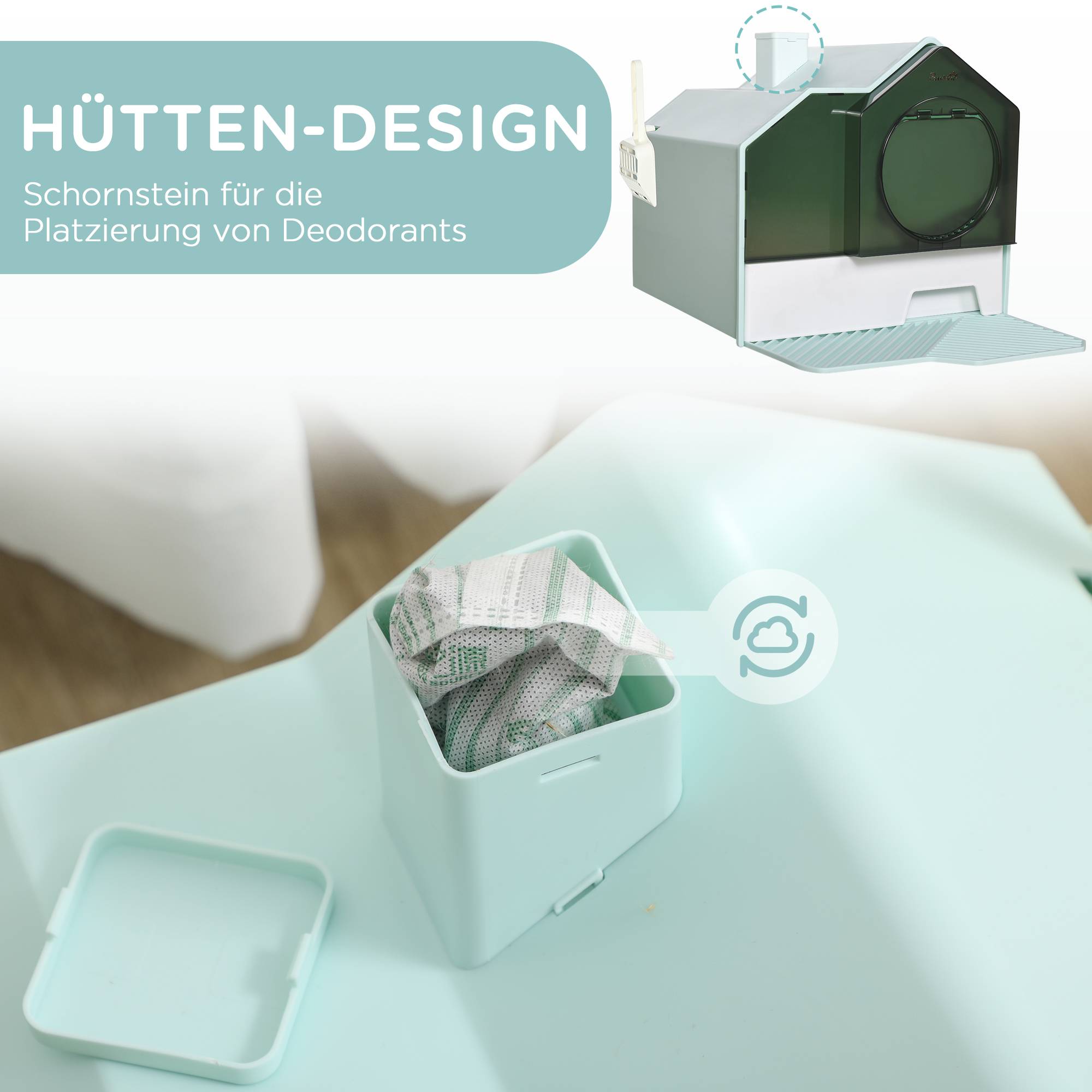 Bac à litière pour chat cabine design tapis filtrant pelle bac amovible vert blanc - Image 6