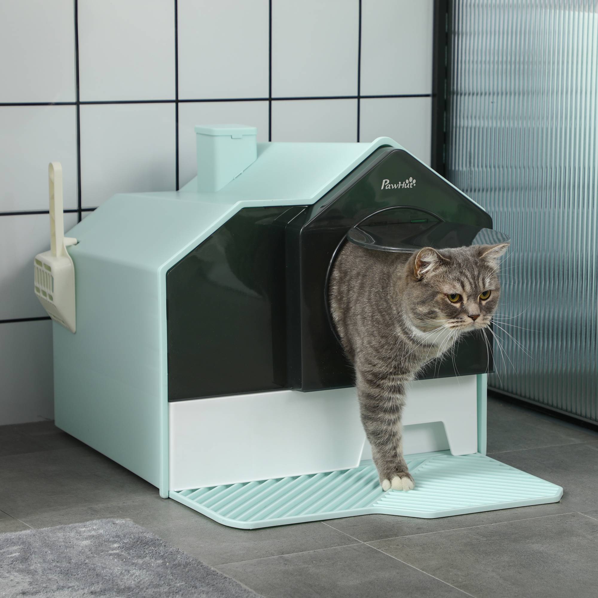 Bac à litière pour chat cabine design tapis filtrant pelle bac amovible vert blanc - Image 3