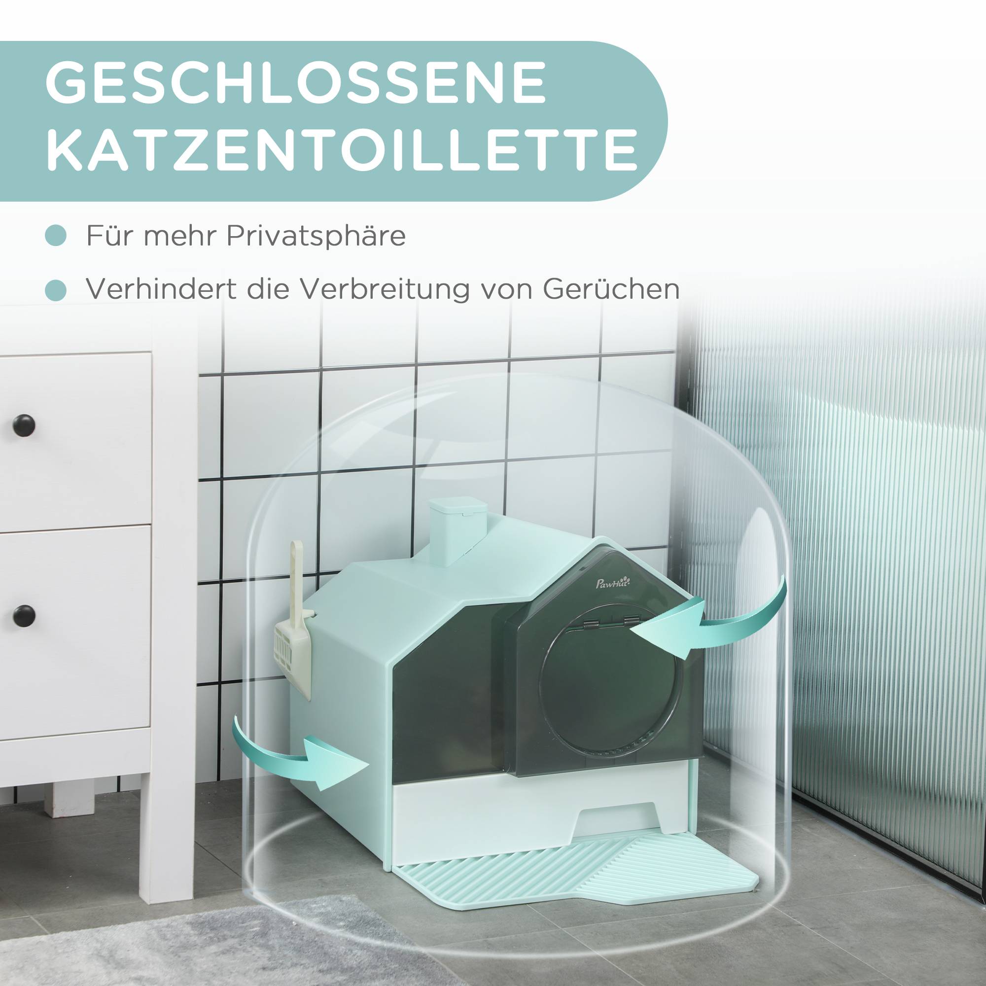 Bac à litière pour chat cabine design tapis filtrant pelle bac amovible vert blanc - Image 8