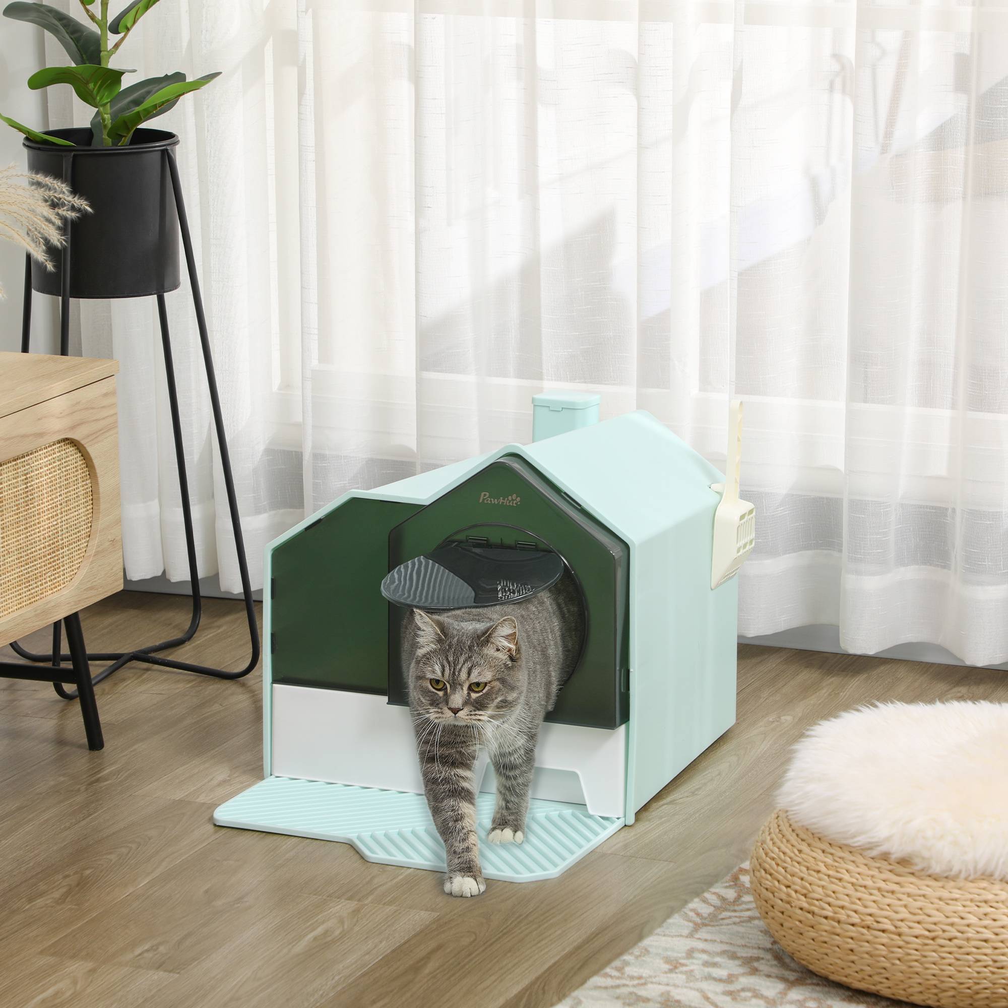 Bac à litière pour chat cabine design tapis filtrant pelle bac amovible vert blanc - Image 4