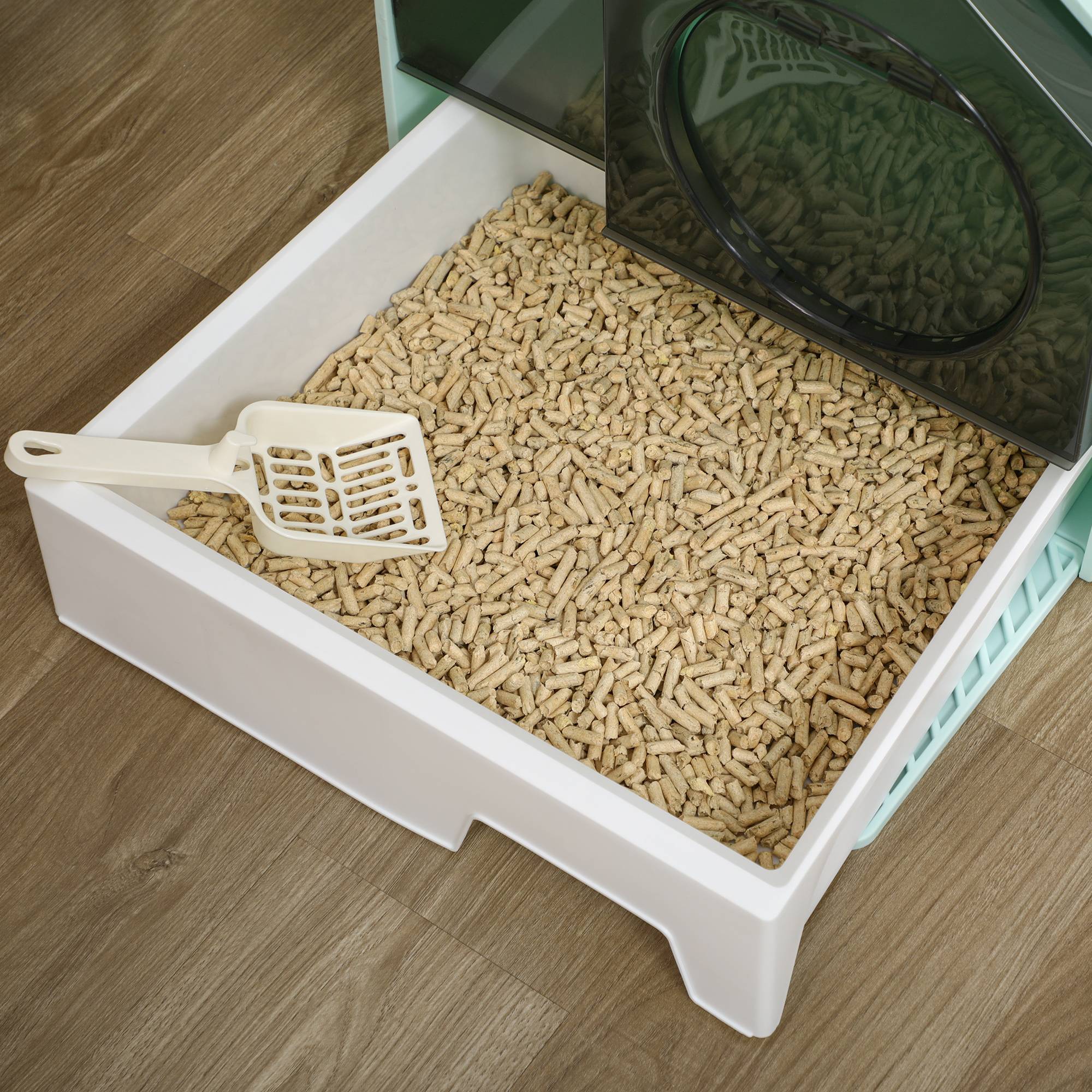 Bac à litière pour chat cabine design tapis filtrant pelle bac amovible vert blanc - Image 10