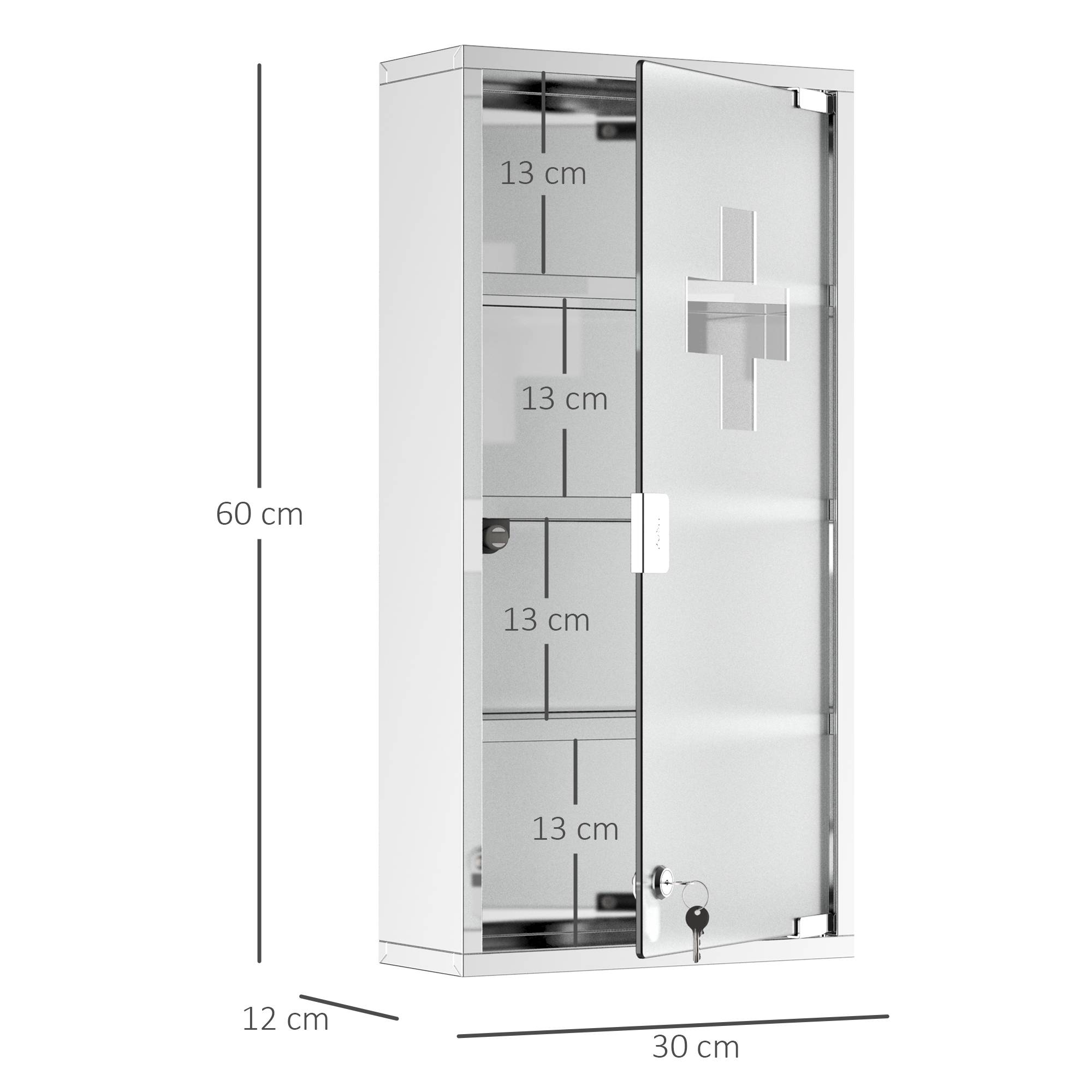 Sans Marque - Armoire Pharmacie 3 étagères 4 Niveaux 30x12x60 cm Porte Verre trempé Symbole Croix Acier Inoxydable brossé - Image 5