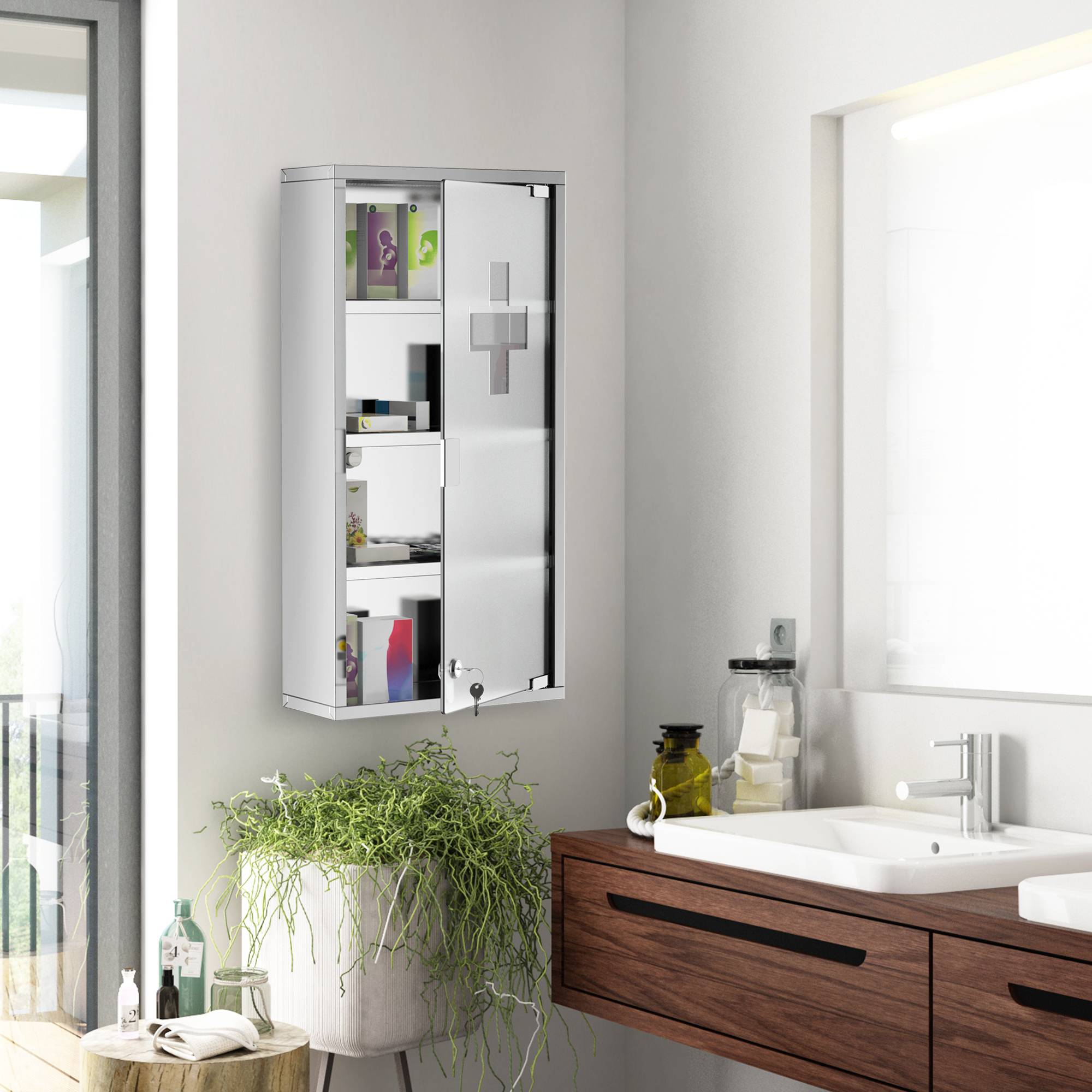 Sans Marque - Armoire Pharmacie 3 étagères 4 Niveaux 30x12x60 cm Porte Verre trempé Symbole Croix Acier Inoxydable brossé - Image 3