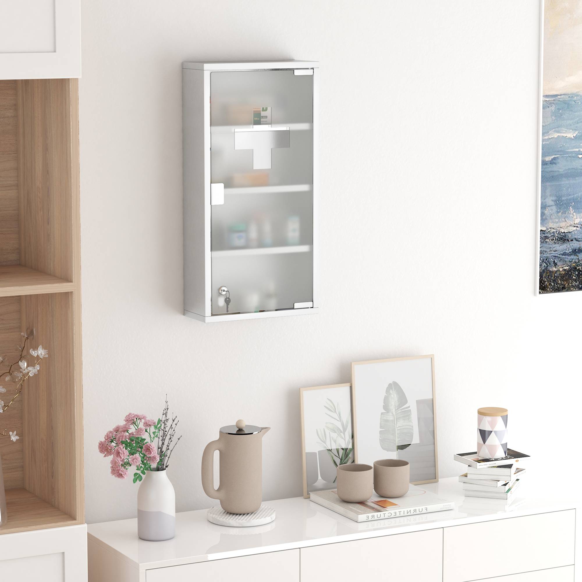 Sans Marque - Armoire Pharmacie 3 étagères 4 Niveaux 30x12x60 cm Porte Verre trempé Symbole Croix Acier Inoxydable brossé - Image 4