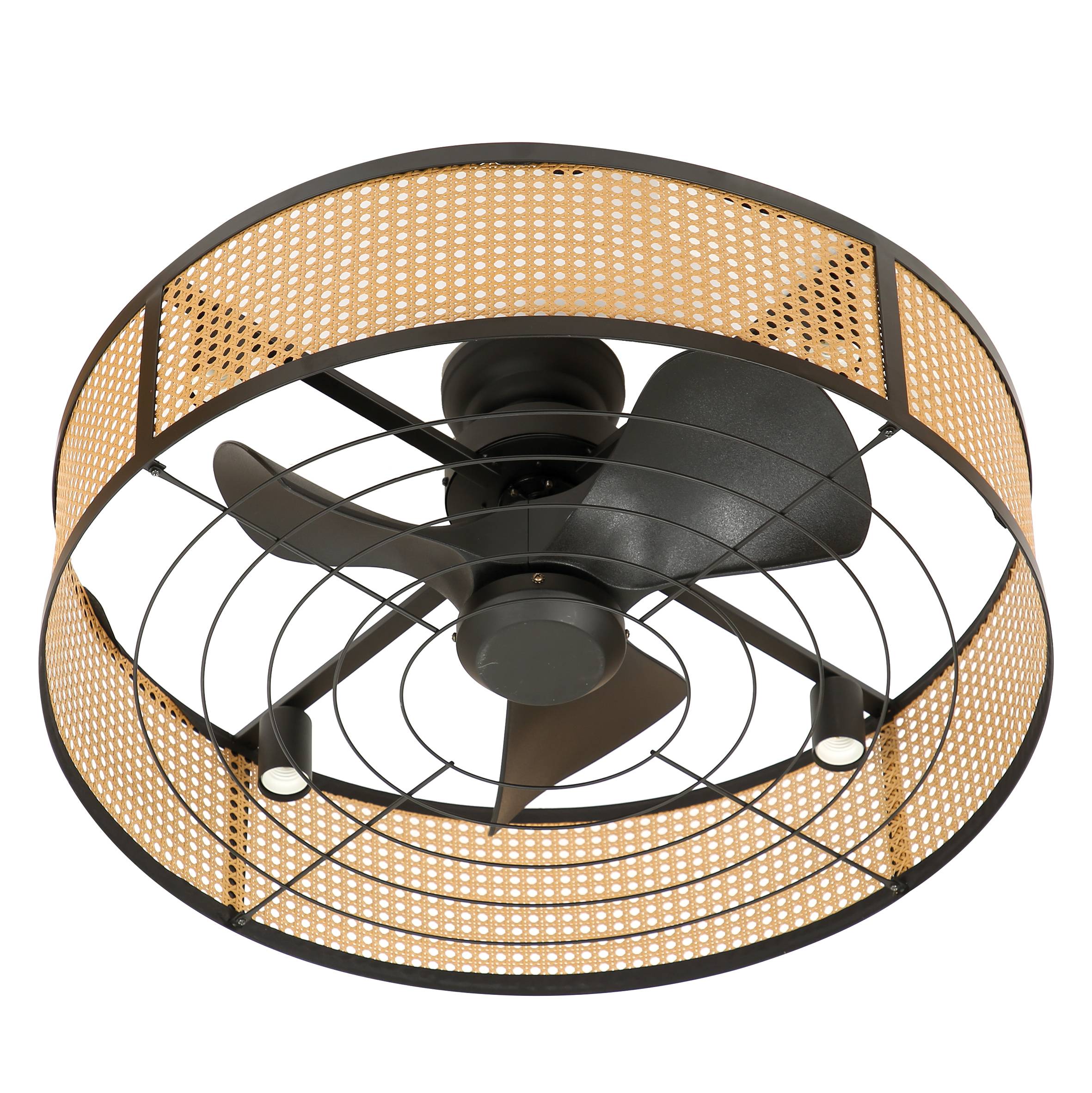 Ventilateur de plafond Solambra - Hélice Ø59 cm – Cage rotin – 4 E27 – 3 pales – Moteur DC FARTOOLS - Image 1
