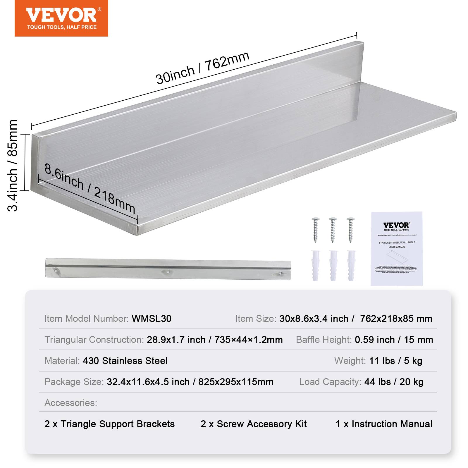 VEVOR Étagère murale 2pcs, inox 762x218x85mm, charge 20kg, livres, épices, cuisine, salle bain. - Image 7