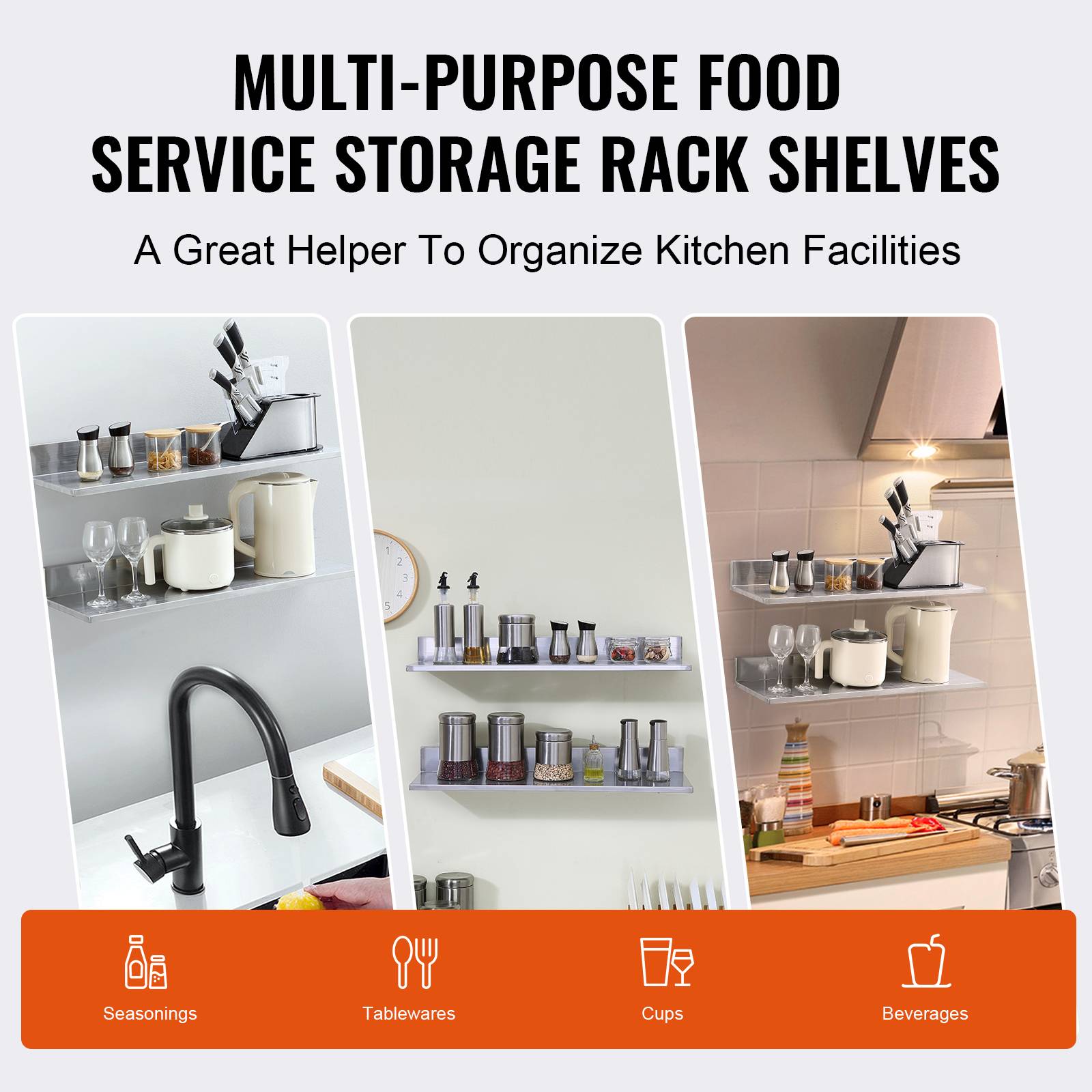 VEVOR Étagère murale 2pcs, inox 762x218x85mm, charge 20kg, livres, épices, cuisine, salle bain. - Image 6