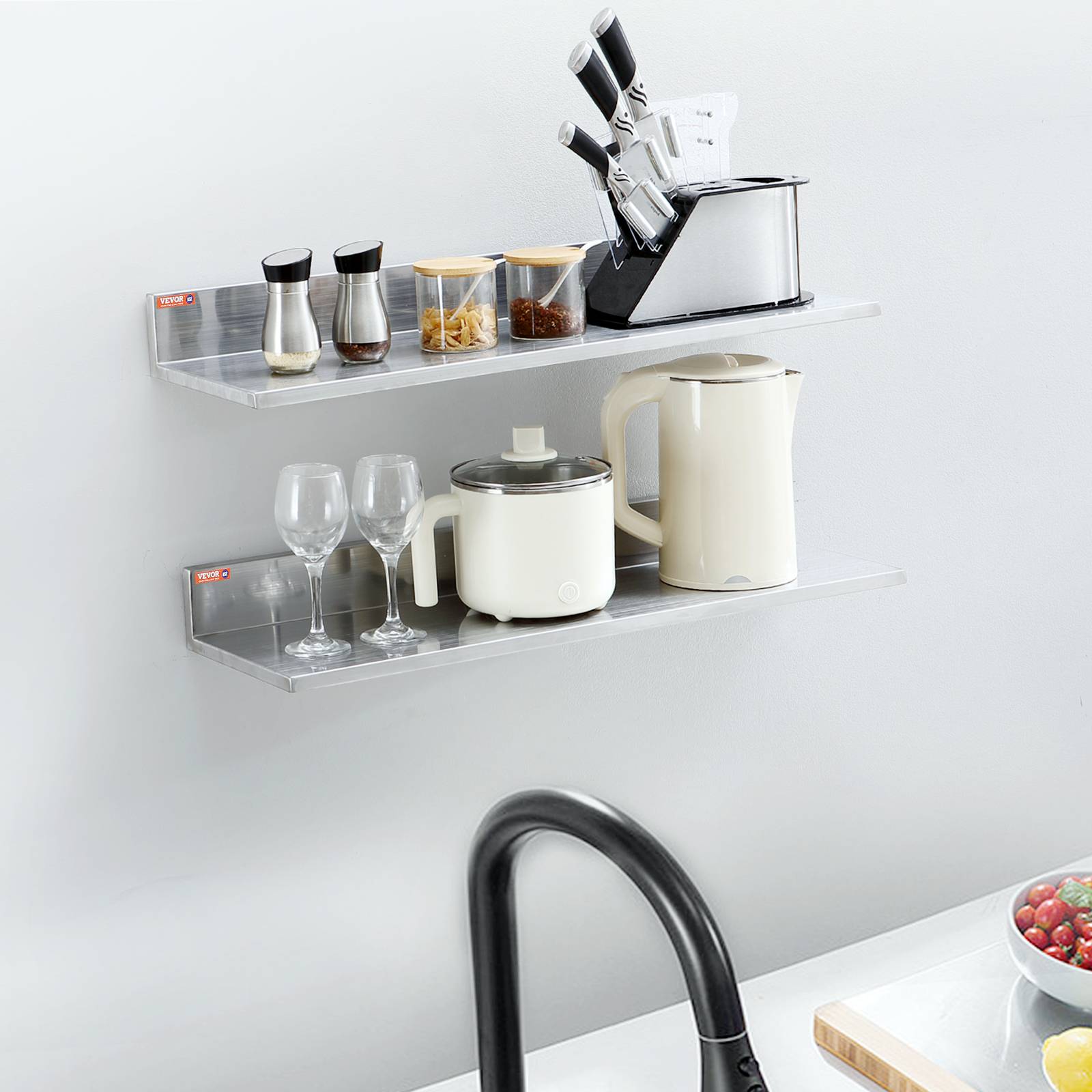 VEVOR Étagère murale 2pcs, inox 762x218x85mm, charge 20kg, livres, épices, cuisine, salle bain. - Image 8