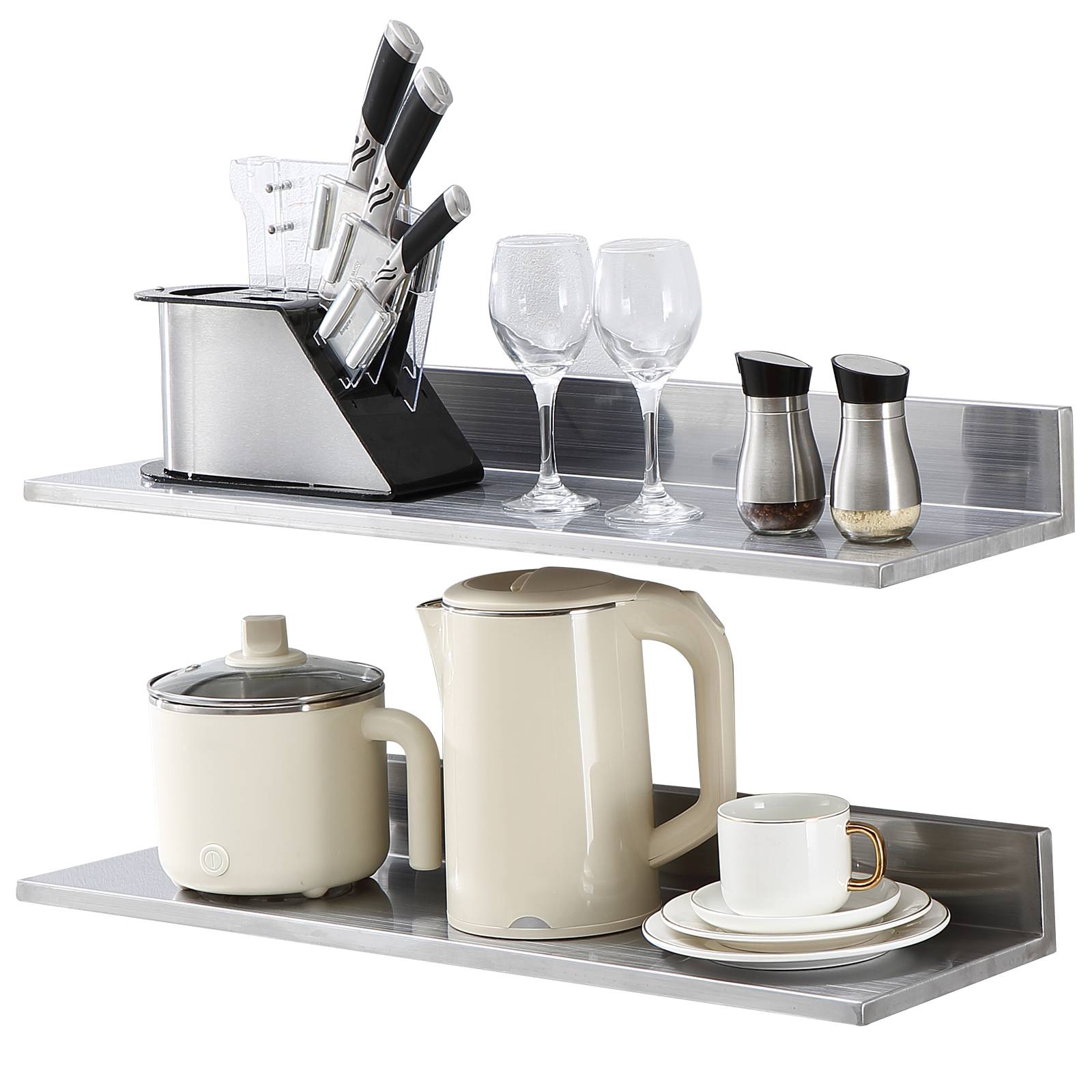 VEVOR Étagère murale 2pcs, inox 762x218x85mm, charge 20kg, livres, épices, cuisine, salle bain. - Image 1
