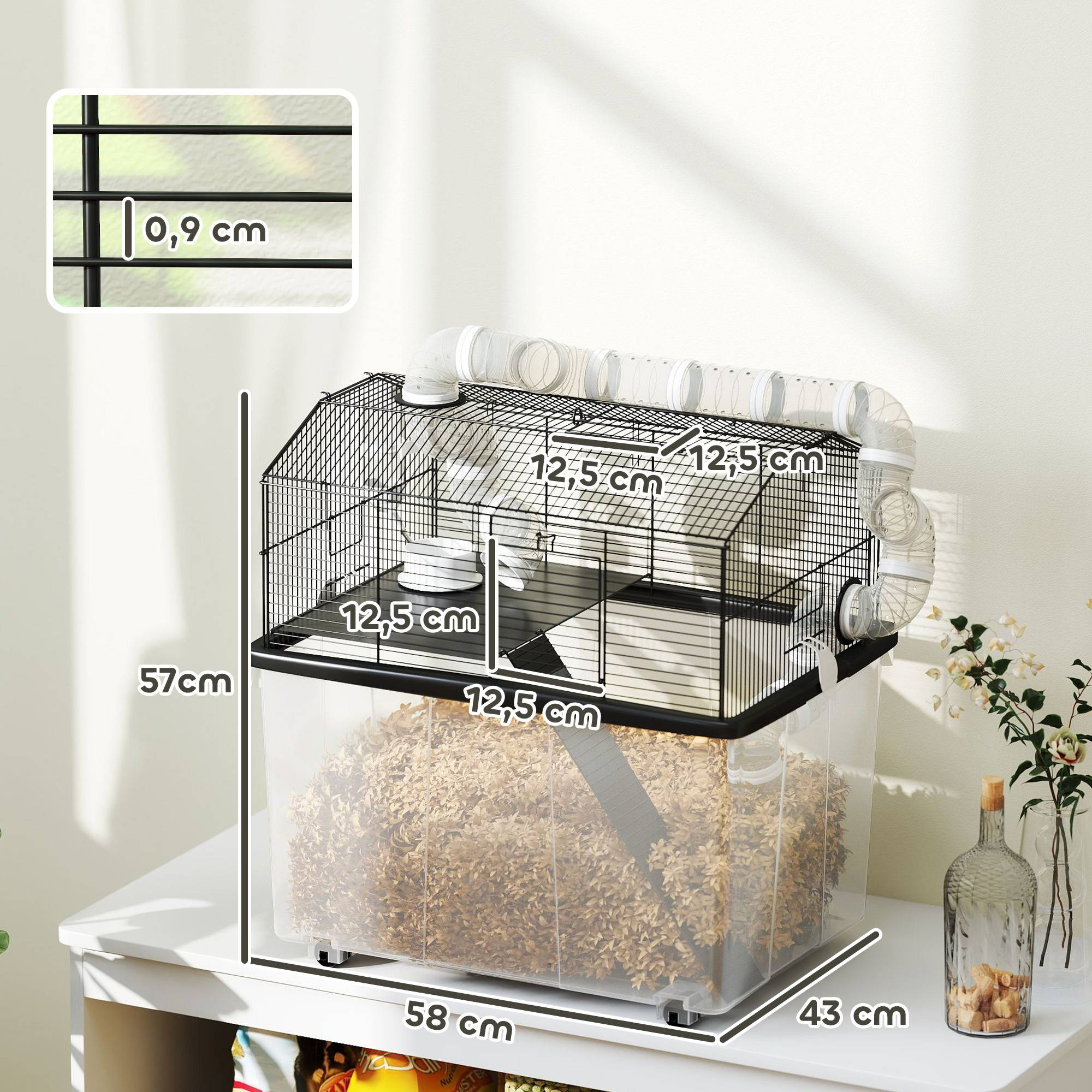 Cage hamster nain acier avec tubes de jeu et accessoires complets 58x57cm noir - ComfortXL Outdoor Living - Image 5