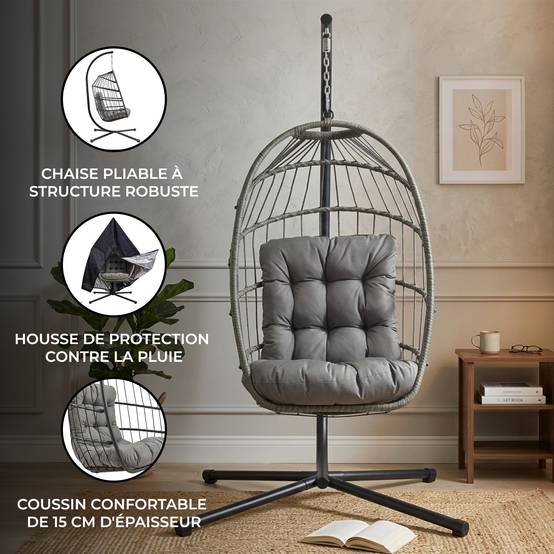 Monstershop - Fauteuil Œuf Suspendu en Rotin - Gris - Image 2