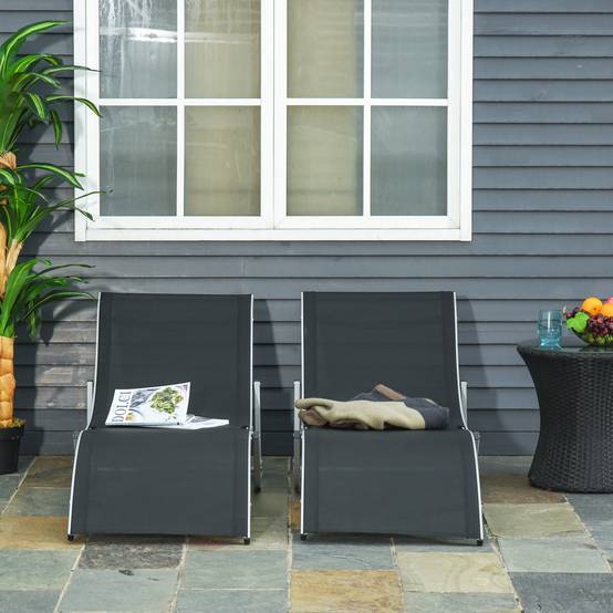 Ensemble de 2 chaises longues pliantes de jardin en aluminium et textilène, 61 x 165 x 63 cm, noir - Image 3