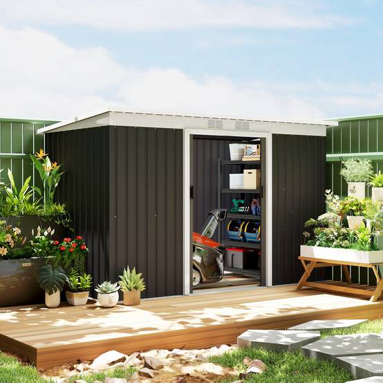 Abri de jardin avec porte coulissante, fenêtre d’aération, toit à une pente, acier, gris foncé, 280×130×172cm, extérieur - Image 1