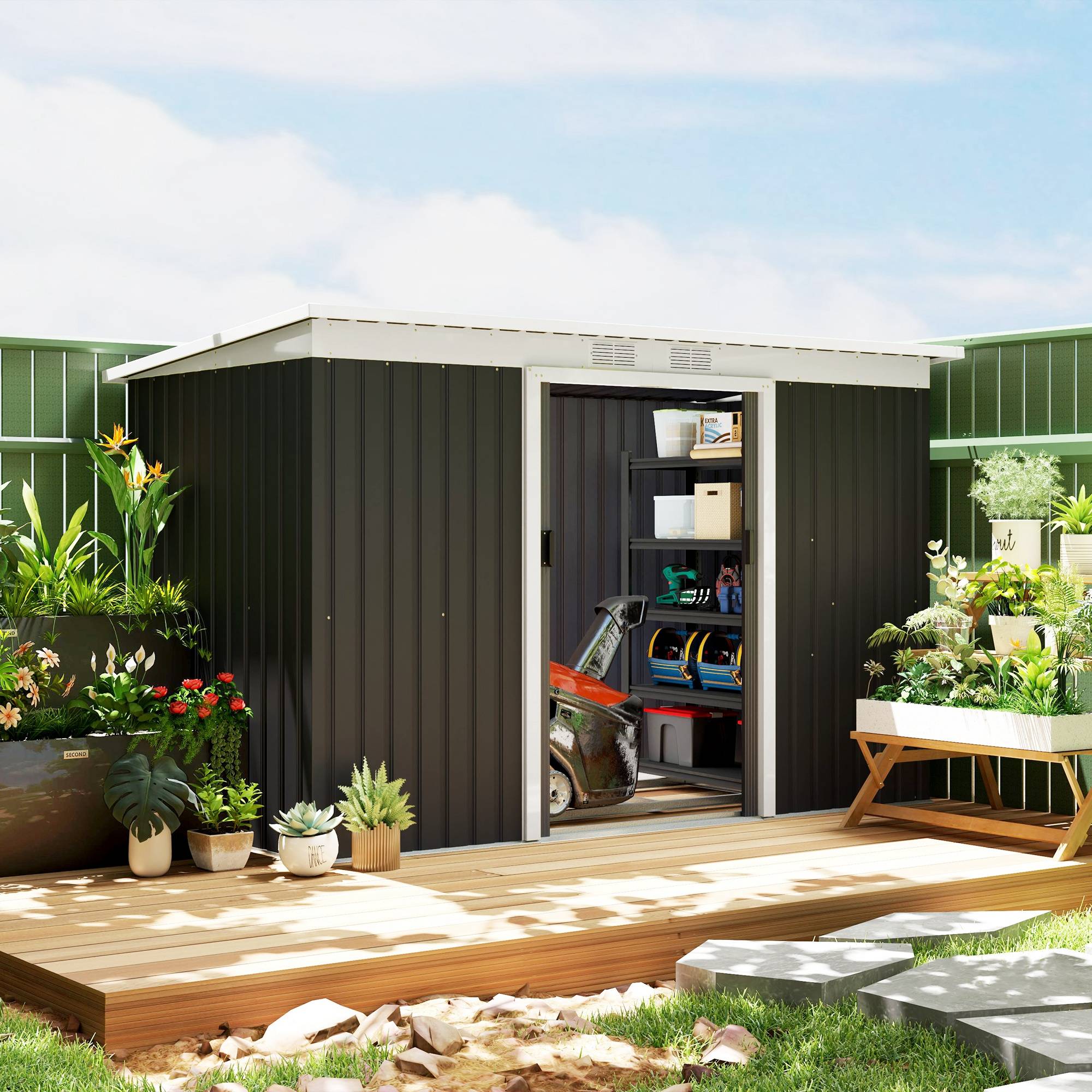 Abri de jardin avec porte coulissante, fenêtre d’aération, toit à une pente, acier, gris foncé, 280×130×172cm, extérieur - Image 1