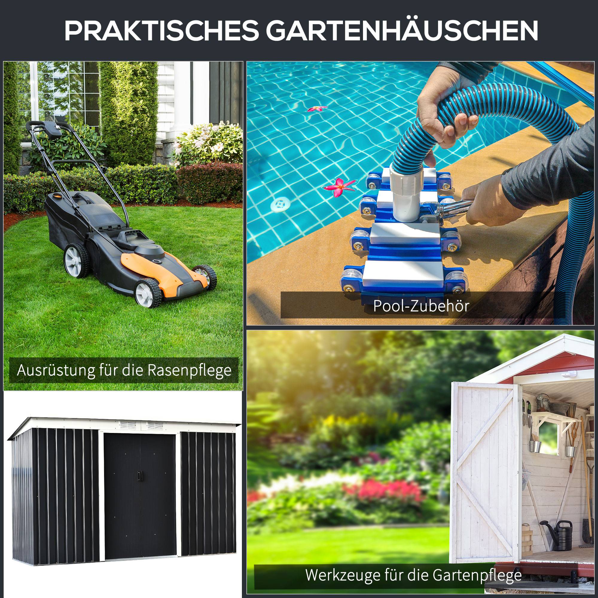 Abri de jardin avec porte coulissante, fenêtre d’aération, toit à une pente, acier, gris foncé, 280×130×172cm, extérieur - Image 5