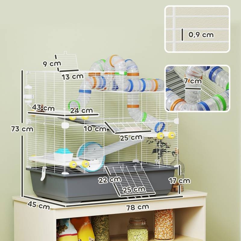 Cage Hamster Métal Petits Rongeurs 4 Niveaux Tunnels 78x45x73cm Gris - ComfortXL Pet Living - Image 3