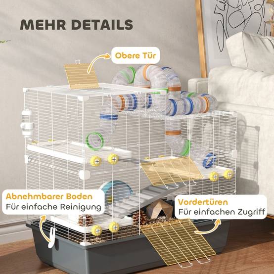 Cage Hamster Métal Petits Rongeurs 4 Niveaux Tunnels 78x45x73cm Gris - ComfortXL Pet Living - Image 8