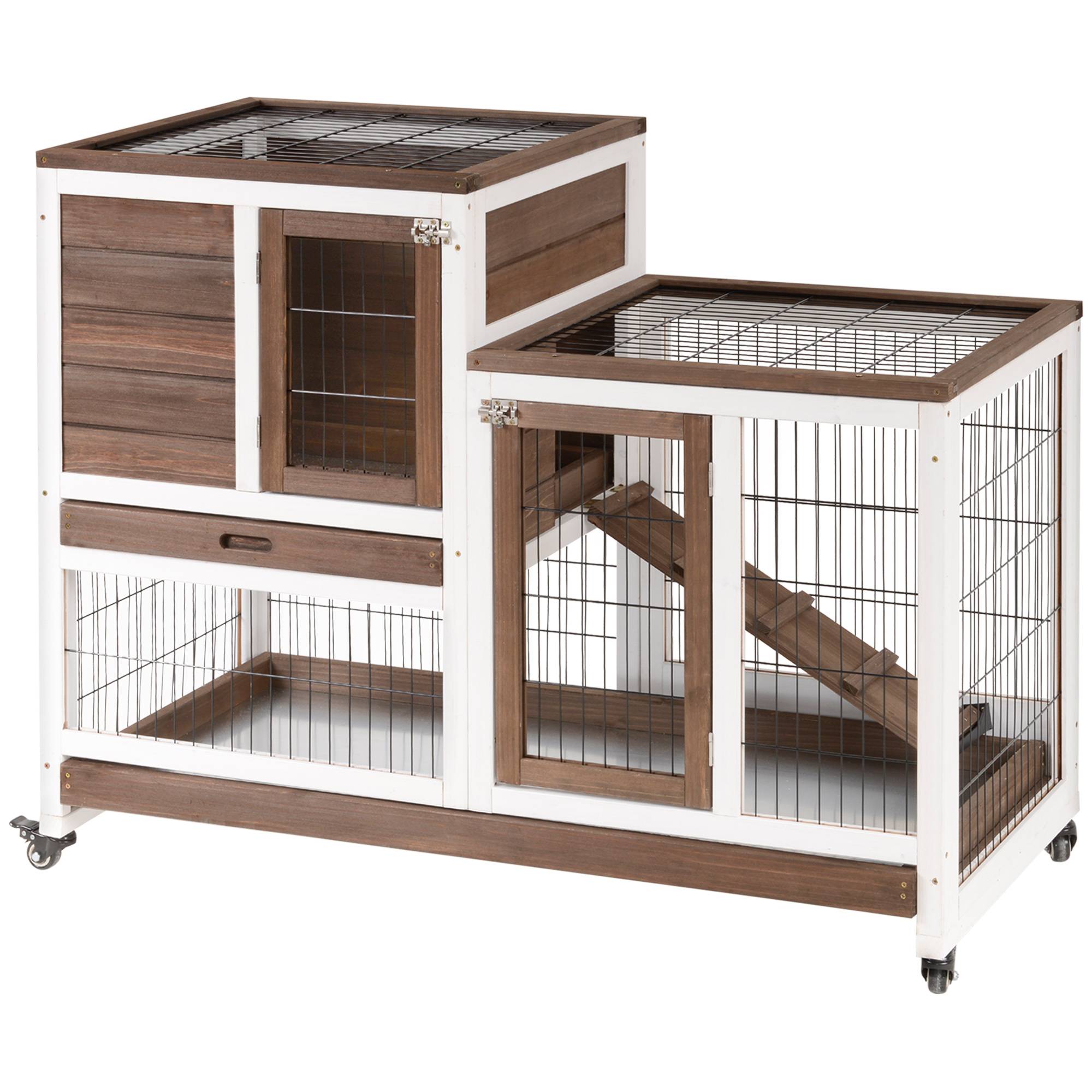 Sans Marque - Clapier lapin roulettes cage 2 étages 2 portes verrouillables 2 plateaux coulissants rampe - Image 1