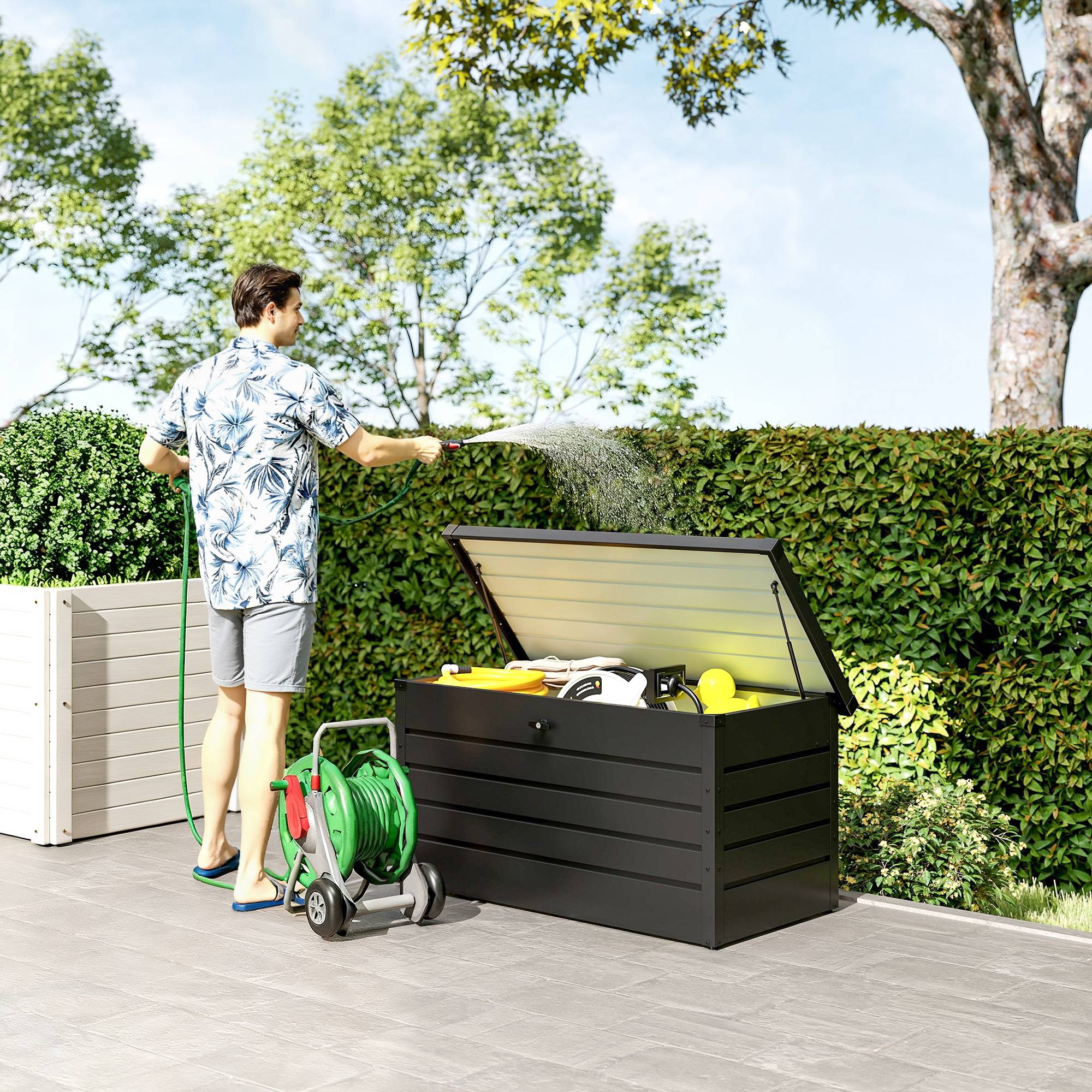 Coffre de rangement exterieur XXL 311L coffre de jardin acier galvanisé verrouillable vérin à gaz 120x62x62cm gris foncé - Image 4