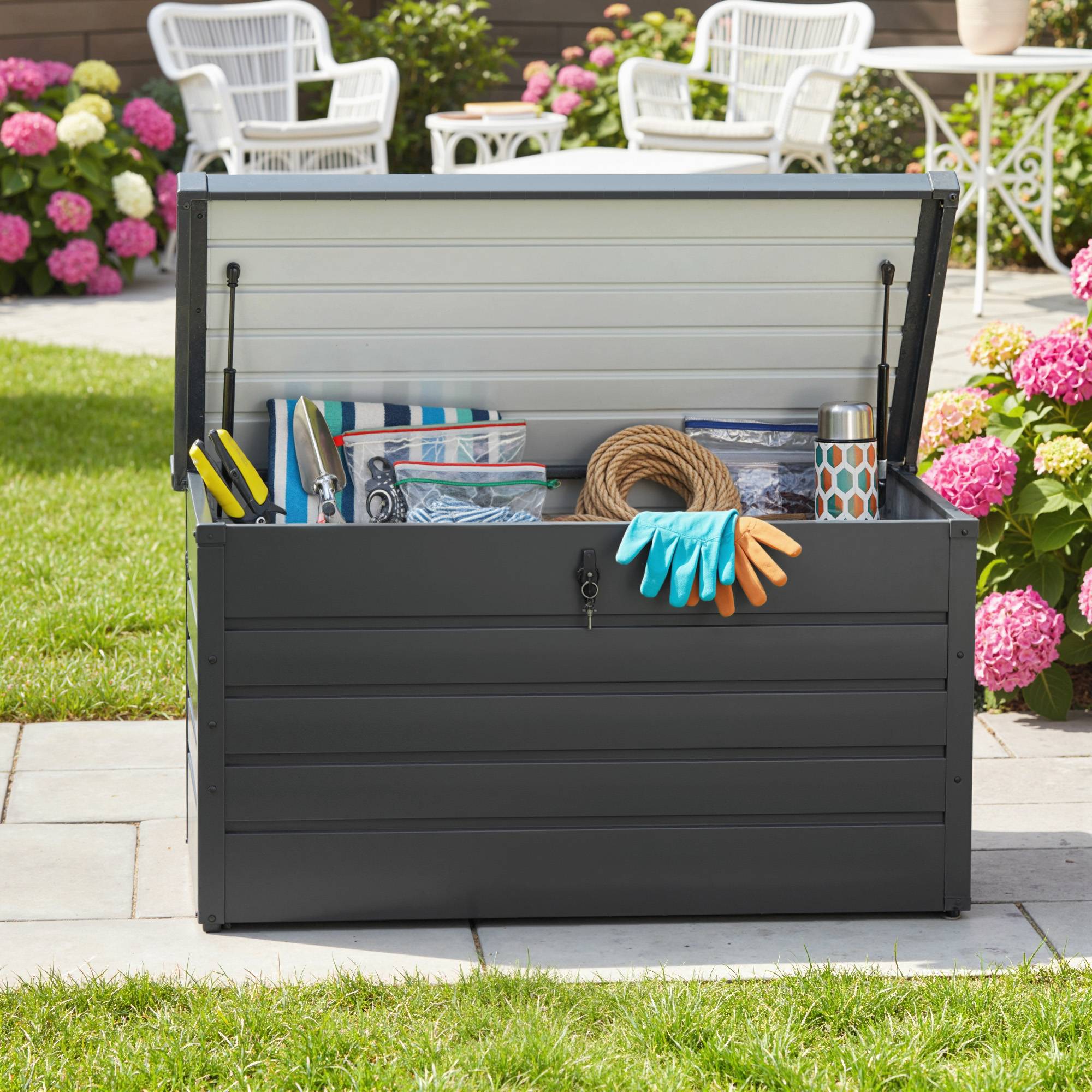 Coffre de rangement exterieur XXL 311L coffre de jardin acier galvanisé verrouillable vérin à gaz 120x62x62cm gris foncé - Image 9