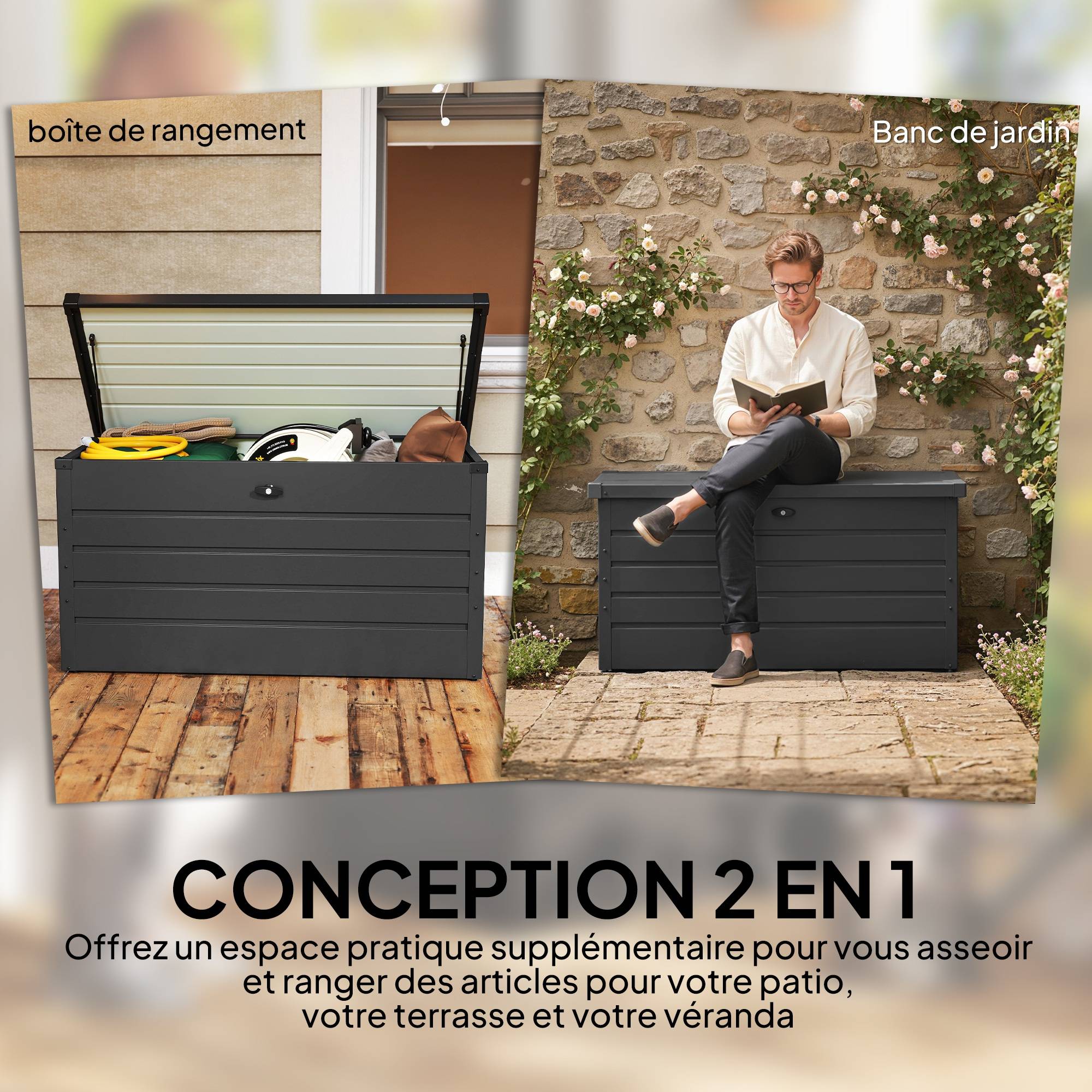 Coffre de rangement exterieur XXL 311L coffre de jardin acier galvanisé verrouillable vérin à gaz 120x62x62cm gris foncé - Image 6