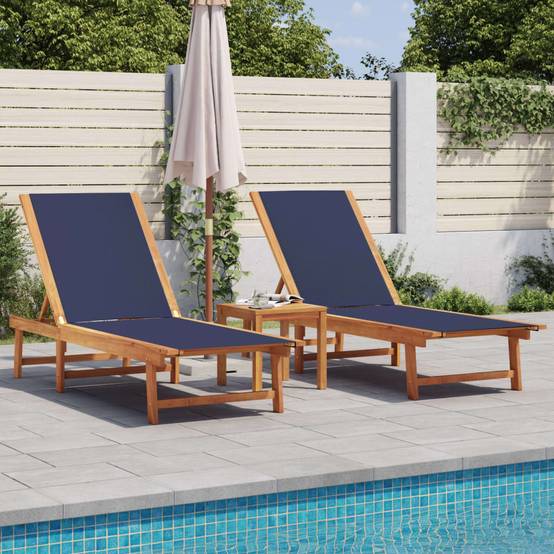 2 Lits de Soleil Bois Acacia Textilène Bleu Dossier Ajustable Jardin Été – ComfortXL Outdoor Living - Image 1