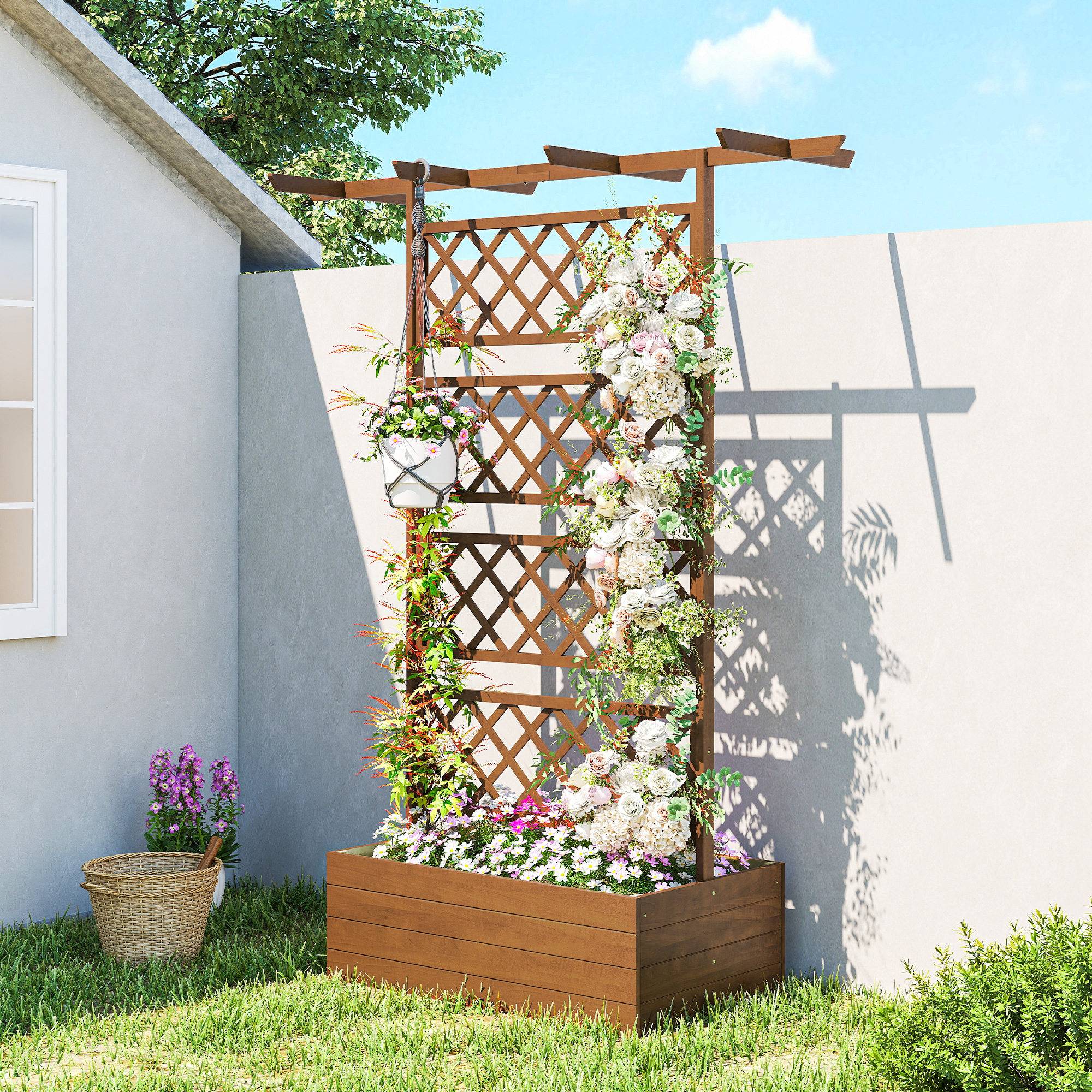 Sans Marque - Jardinière treillis carrée bois treillis arrière plantes grimpantes toit - Image 3