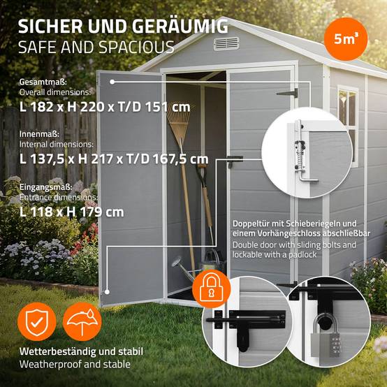 Abri de jardin en résine PP 5 m³ gris clair avec plancher toit double pente fenêtre porte double ventilation cabane de rangement 151x182x220 cm - Image 5