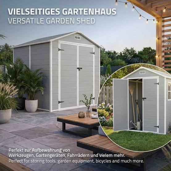 Abri de jardin en résine PP 5 m³ gris clair avec plancher toit double pente fenêtre porte double ventilation cabane de rangement 151x182x220 cm - Image 6