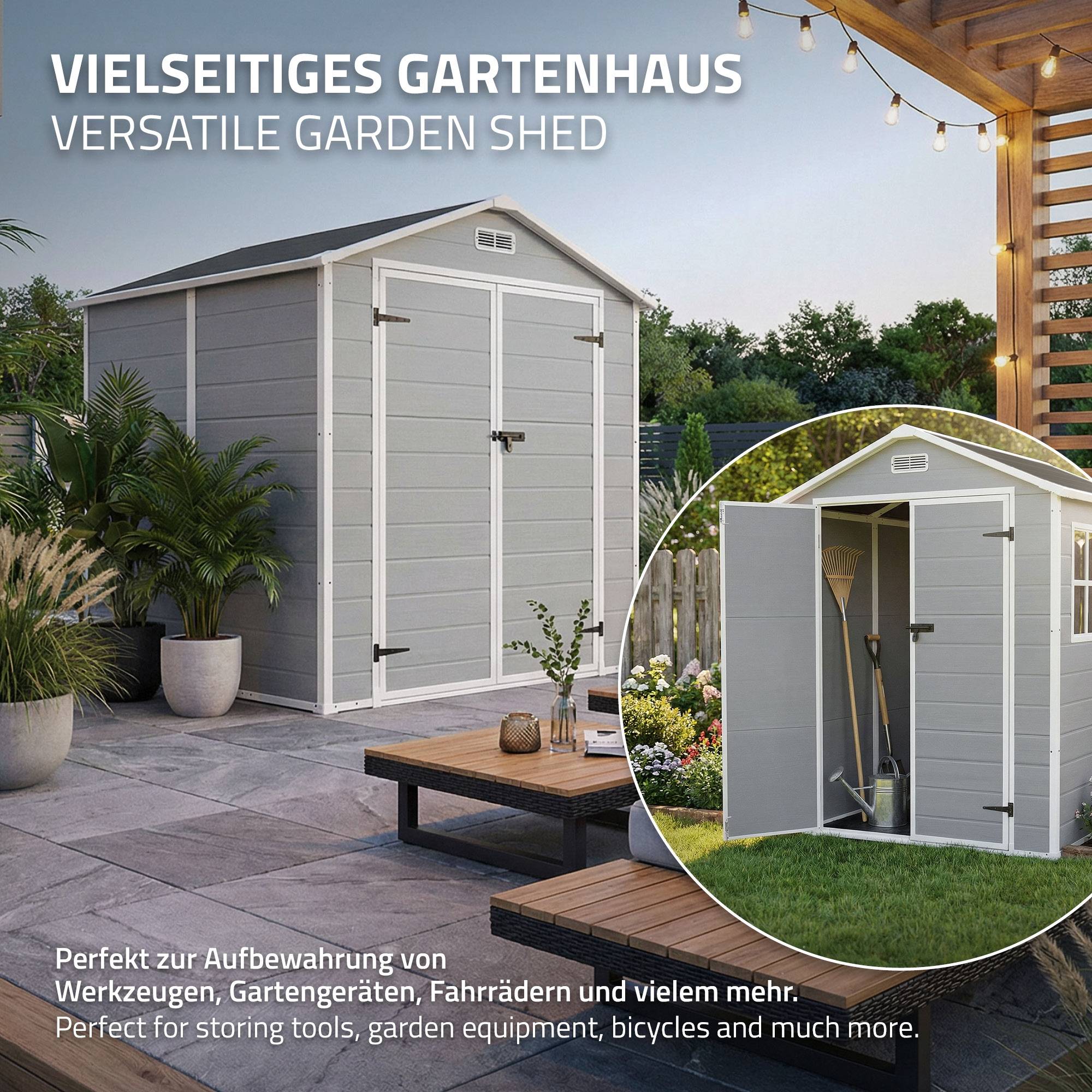 Ecd-Germany - Abri de jardin en résine PP 5 m³ gris clair avec plancher toit double pente fenêtre porte double ventilation cabane de rangement 151x182x220 cm - Image 5