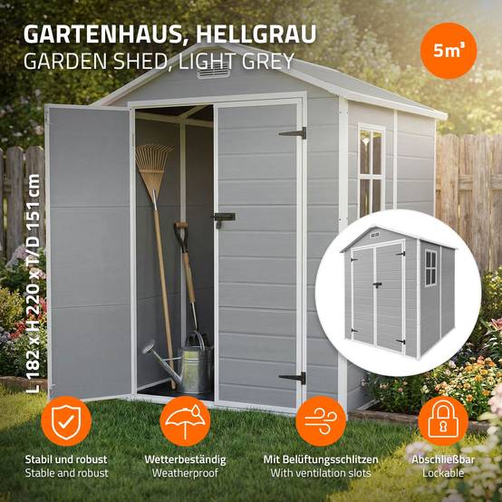 Abri de jardin en résine PP 5 m³ gris clair avec plancher toit double pente fenêtre porte double ventilation cabane de rangement 151x182x220 cm - Image 3