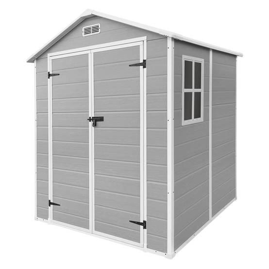 Abri de jardin en résine PP 5 m³ gris clair avec plancher toit double pente fenêtre porte double ventilation cabane de rangement 151x182x220 cm - Image 1