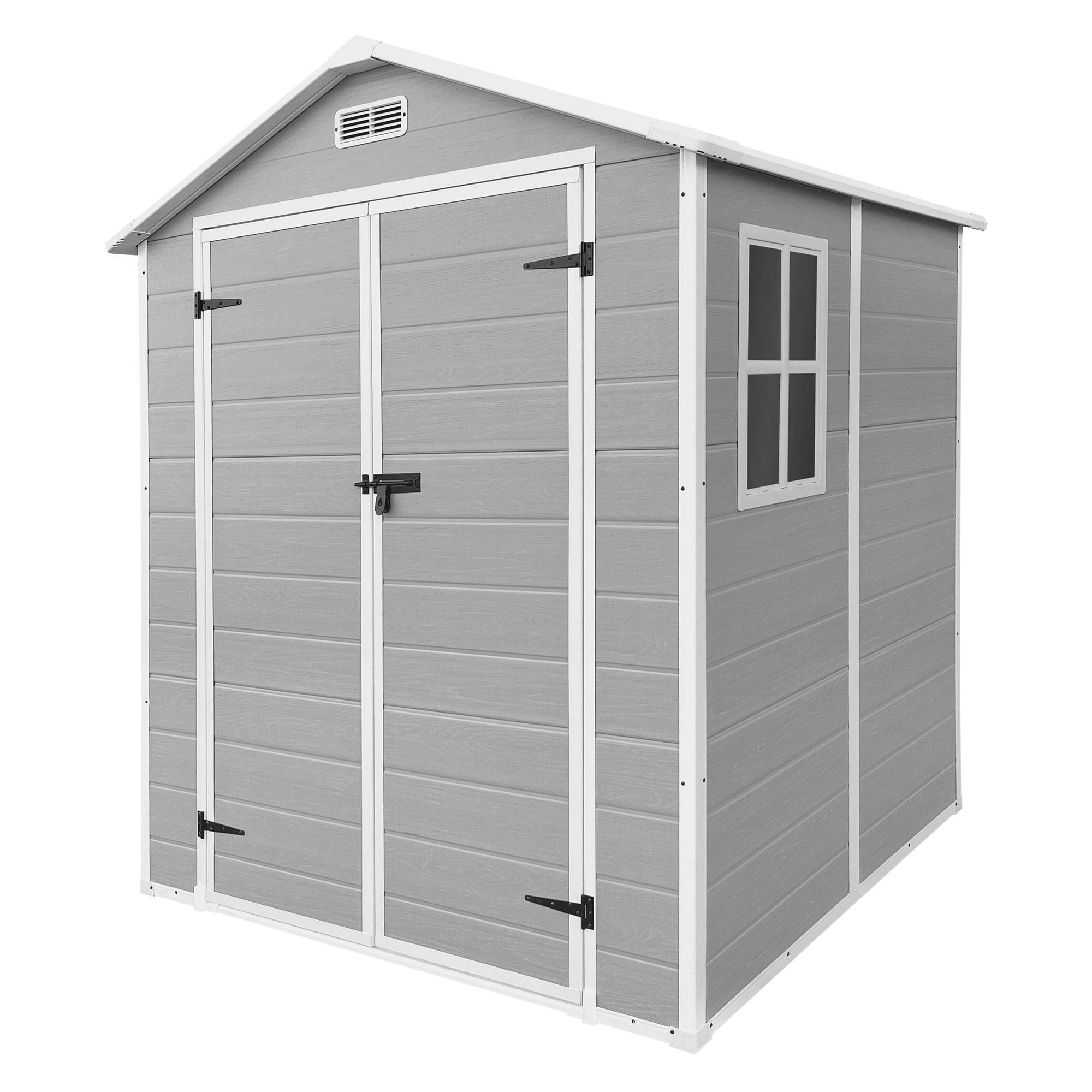 Abri de jardin en résine PP 5 m³ gris clair avec plancher toit double pente fenêtre porte double ventilation cabane de rangement 151x182x220 cm - Image 1