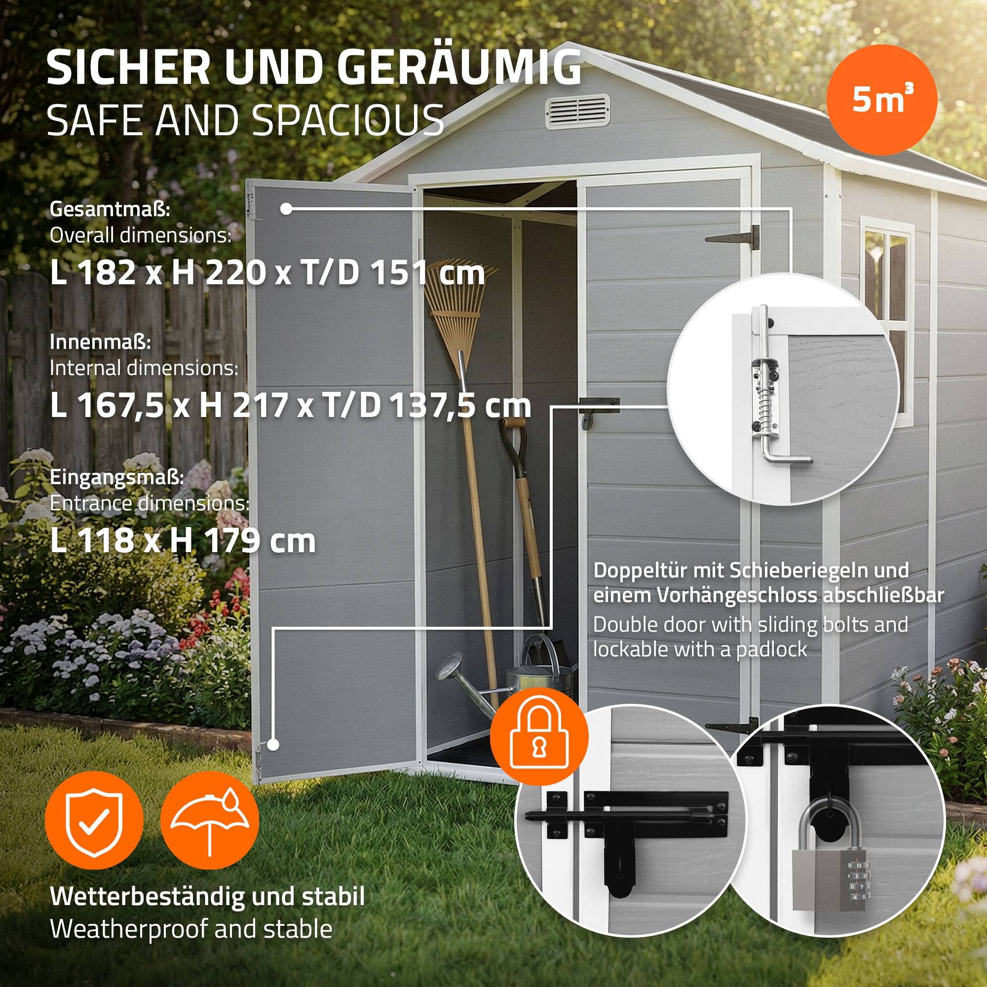 Ecd-Germany - Abri de jardin en résine PP 5 m³ gris clair avec plancher toit double pente fenêtre porte double ventilation cabane de rangement 151x182x220 cm - Image 4