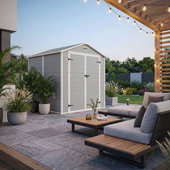 Abri de jardin en résine PP 5 m³ gris clair avec plancher toit double pente fenêtre porte double ventilation cabane de rangement 151x182x220 cm - Image 2
