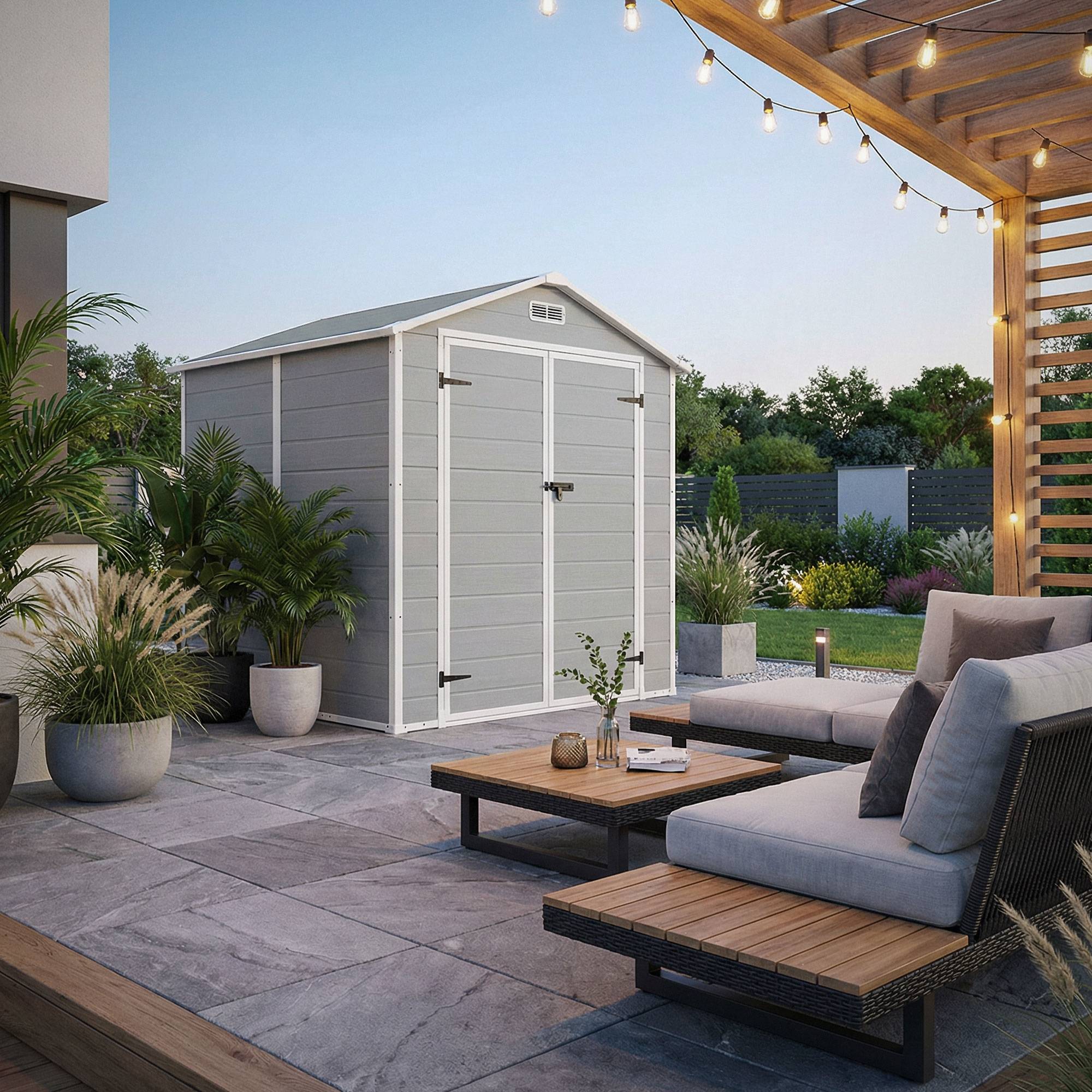Abri de jardin en résine PP 5 m³ gris clair avec plancher toit double pente fenêtre porte double ventilation cabane de rangement 151x182x220 cm - Image 2