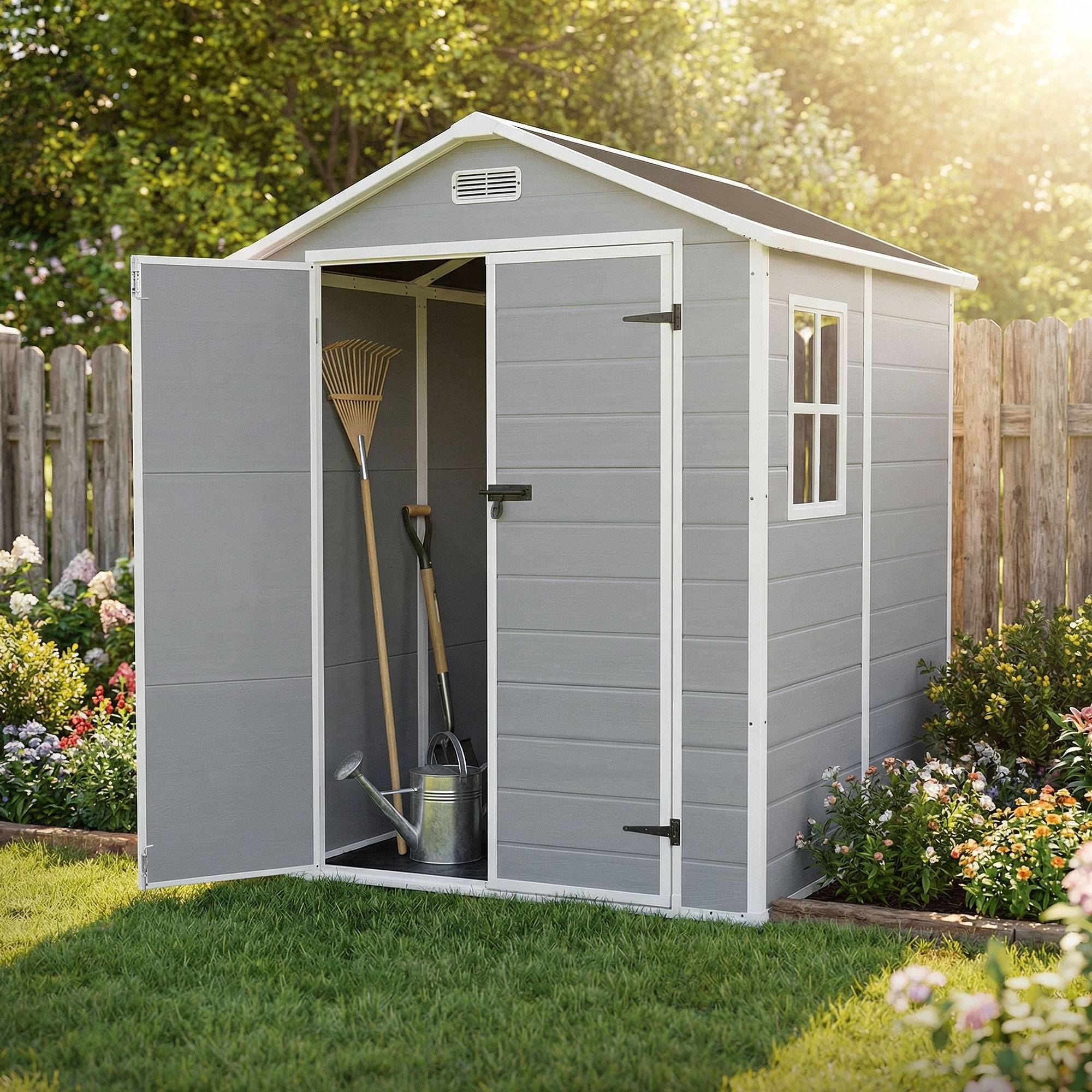 Ecd-Germany - Abri de jardin en résine PP 5 m³ gris clair avec plancher toit double pente fenêtre porte double ventilation cabane de rangement 151x182x220 cm - Image 8