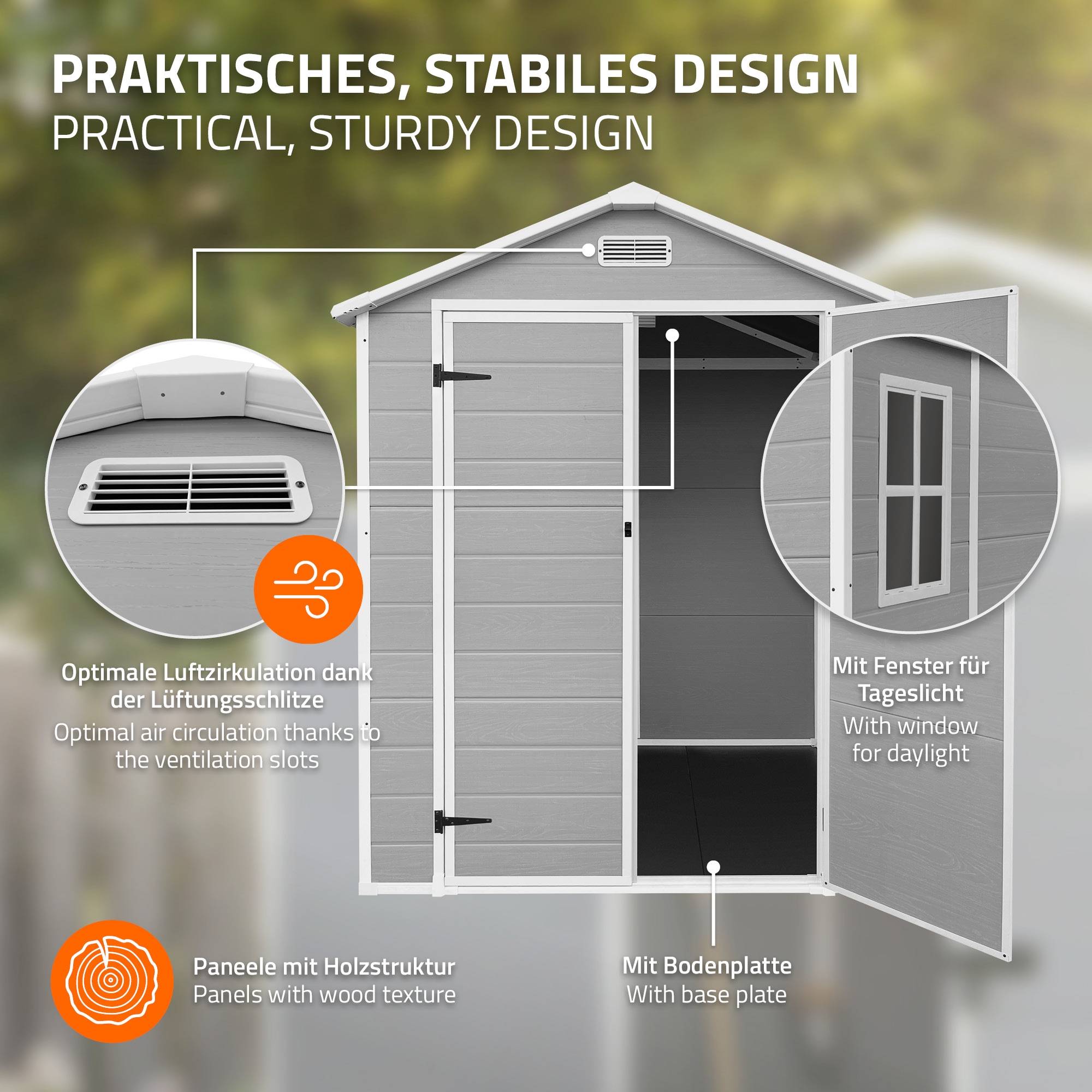 Ecd-Germany - Abri de jardin en résine PP 5 m³ gris clair avec plancher toit double pente fenêtre porte double ventilation cabane de rangement 151x182x220 cm - Image 3
