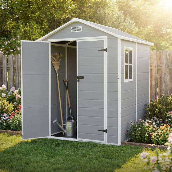 Abri de jardin en résine PP 5 m³ gris clair avec plancher toit double pente fenêtre porte double ventilation cabane de rangement 151x182x220 cm - Image 9