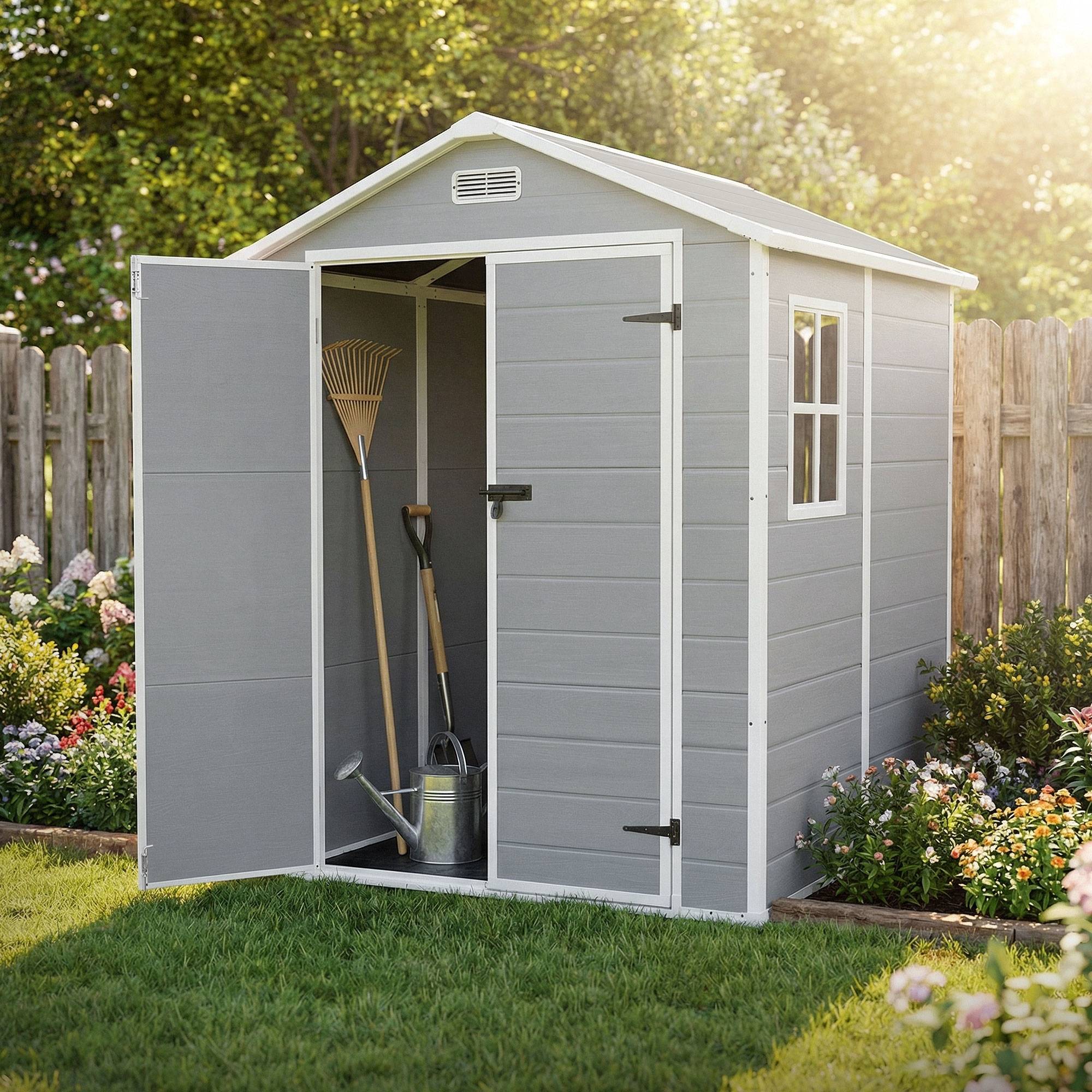 Abri de jardin en résine PP 5 m³ gris clair avec plancher toit double pente fenêtre porte double ventilation cabane de rangement 151x182x220 cm - Image 9