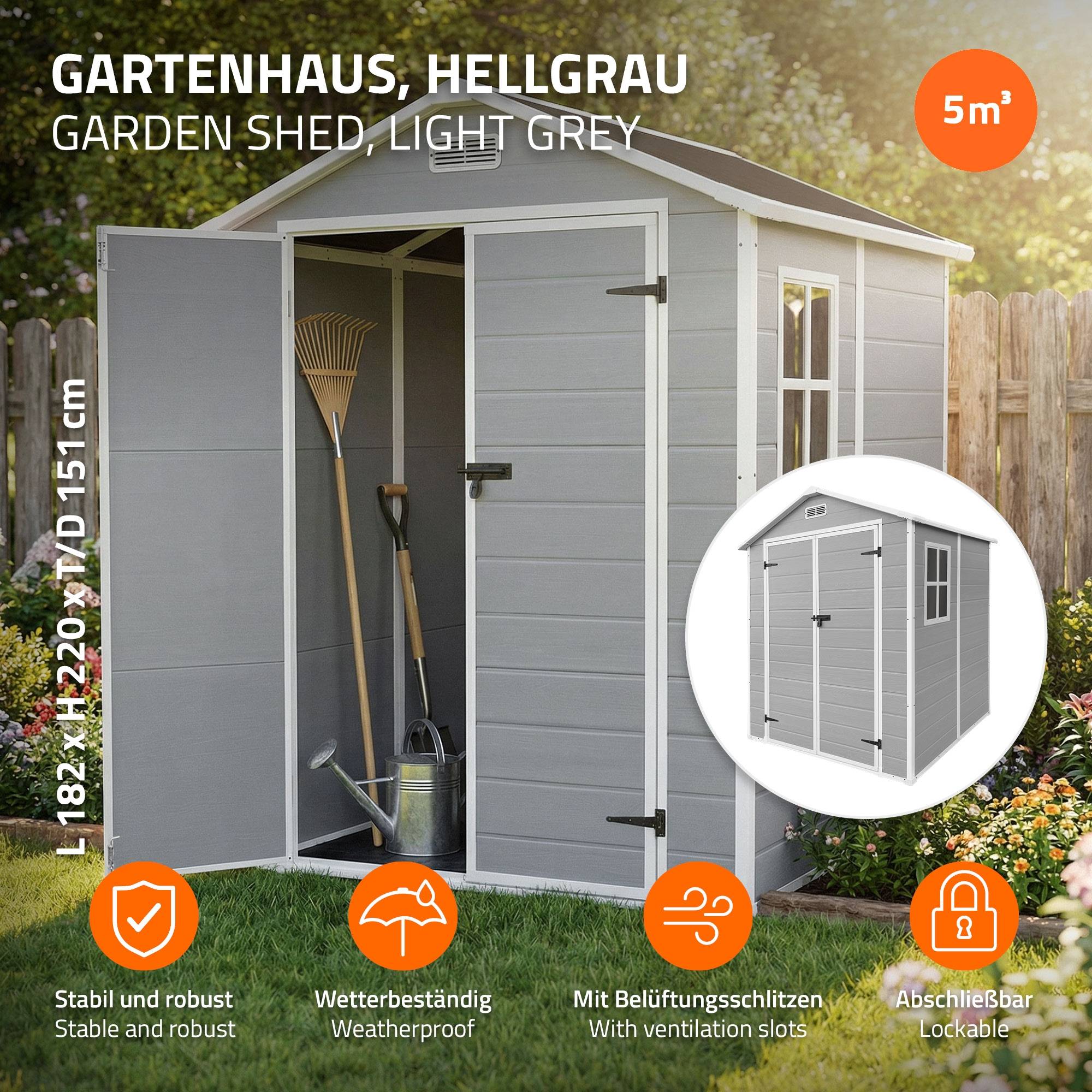 Ecd-Germany - Abri de jardin en résine PP 5 m³ gris clair avec plancher toit double pente fenêtre porte double ventilation cabane de rangement 151x182x220 cm - Image 2