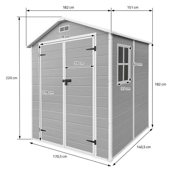 Abri de jardin en résine PP 5 m³ gris clair avec plancher toit double pente fenêtre porte double ventilation cabane de rangement 151x182x220 cm - Image 8