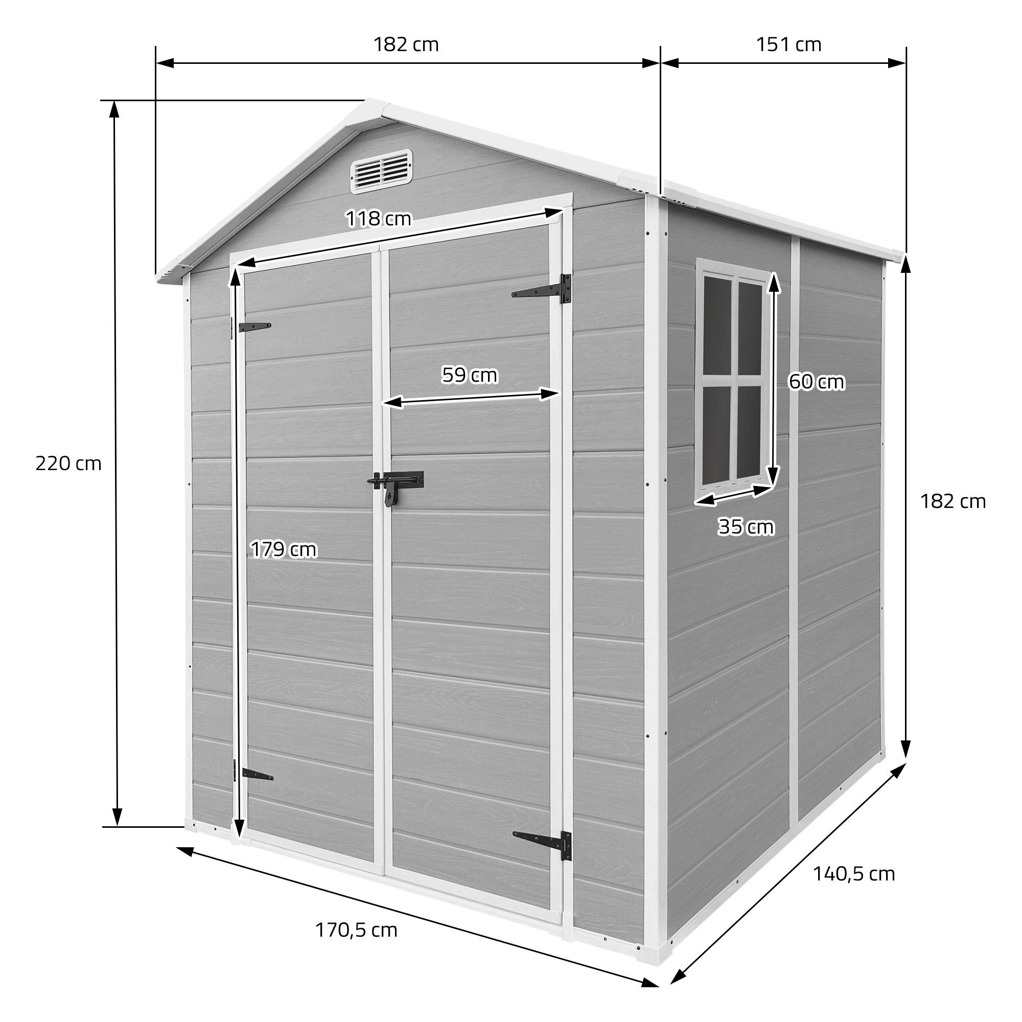 Abri de jardin en résine PP 5 m³ gris clair avec plancher toit double pente fenêtre porte double ventilation cabane de rangement 151x182x220 cm - Image 8