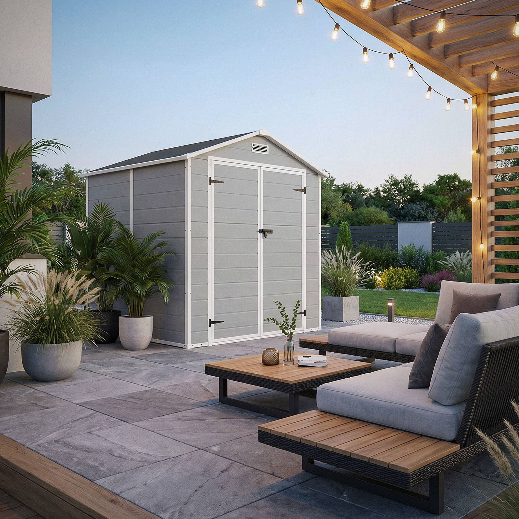 Ecd-Germany - Abri de jardin en résine PP 5 m³ gris clair avec plancher toit double pente fenêtre porte double ventilation cabane de rangement 151x182x220 cm - Image 9